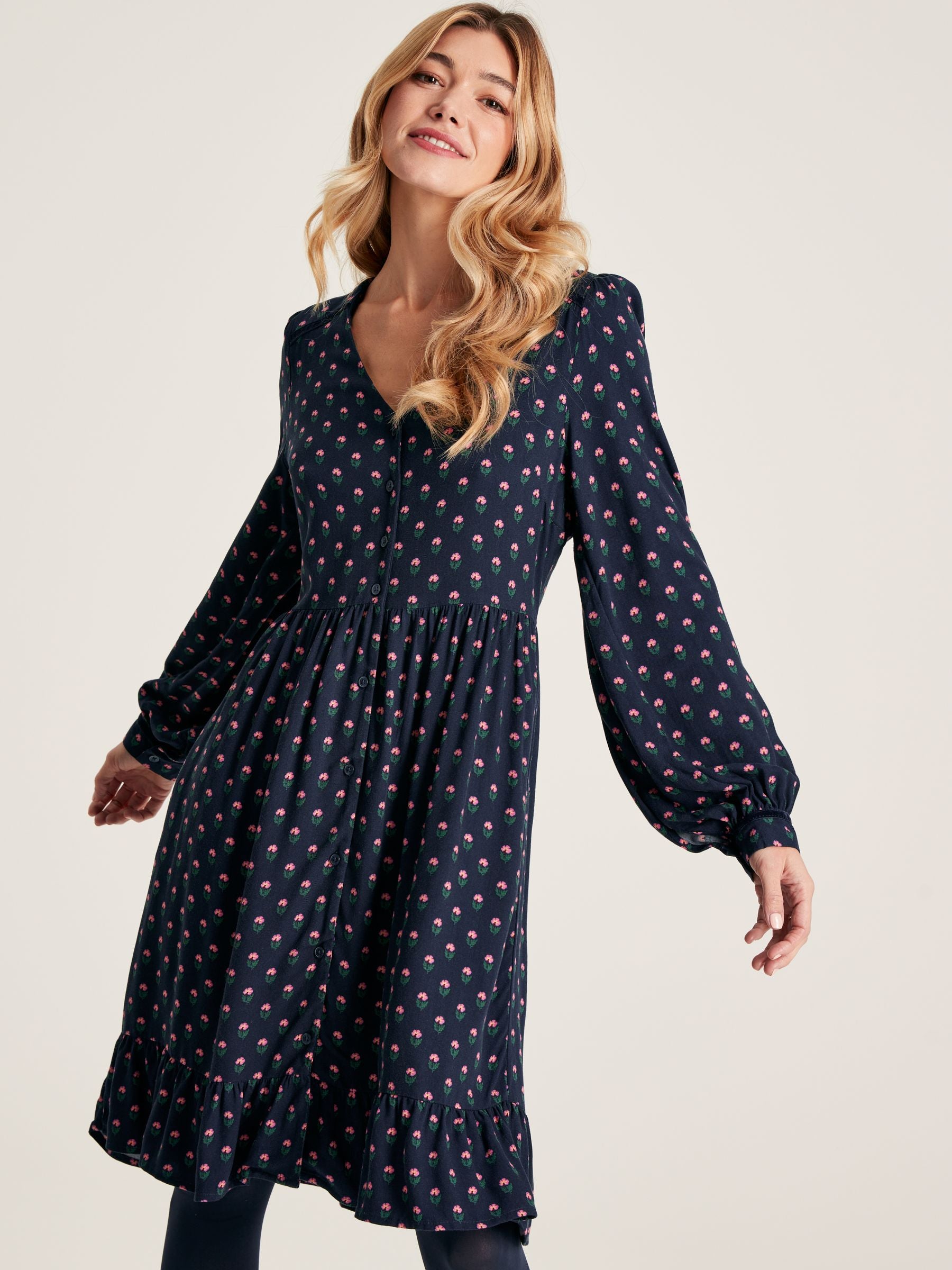 Bonnie Navy Blue Button Down Dress with Peplum Hem