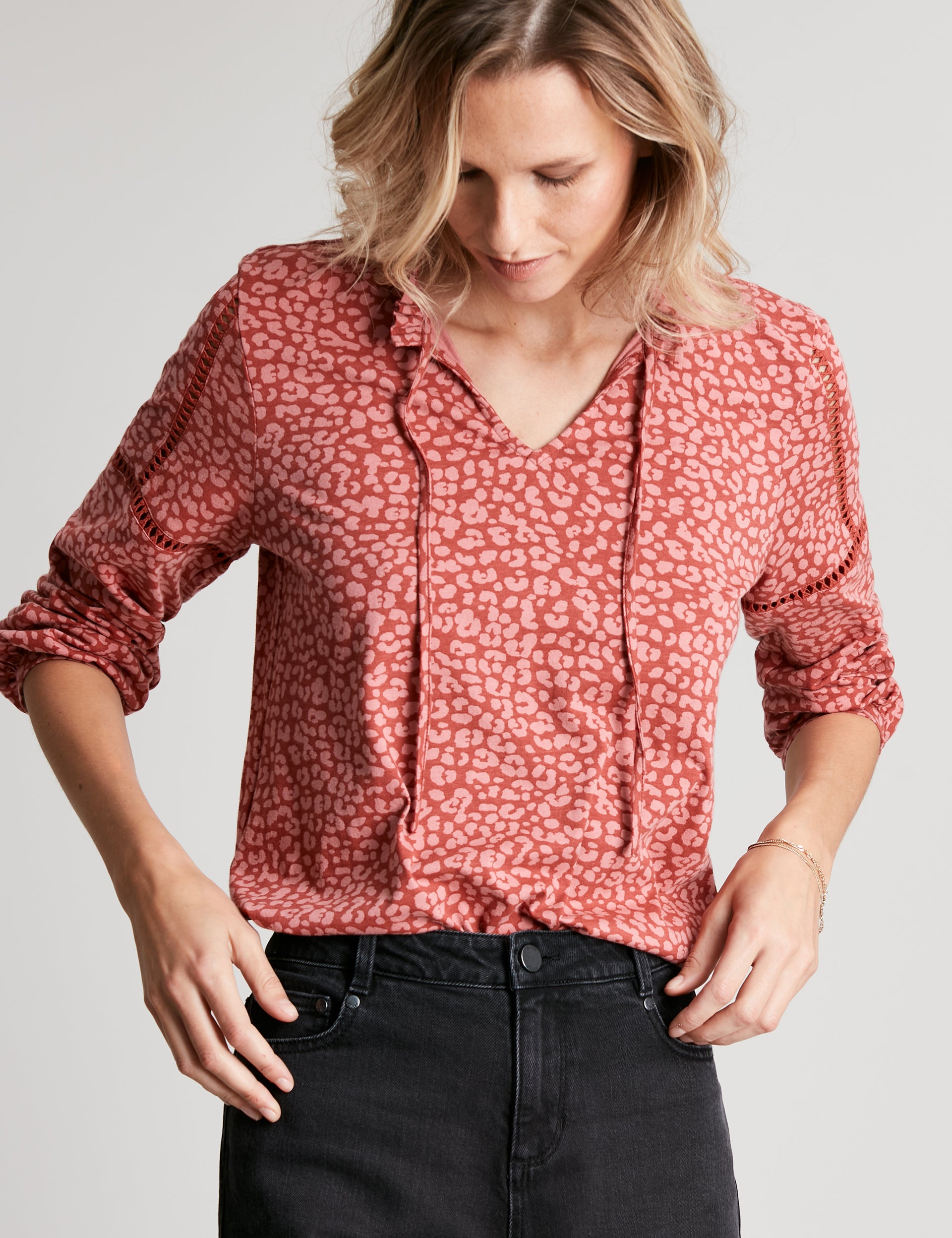 Frances Cut Detail Blouse - Orange Leopard