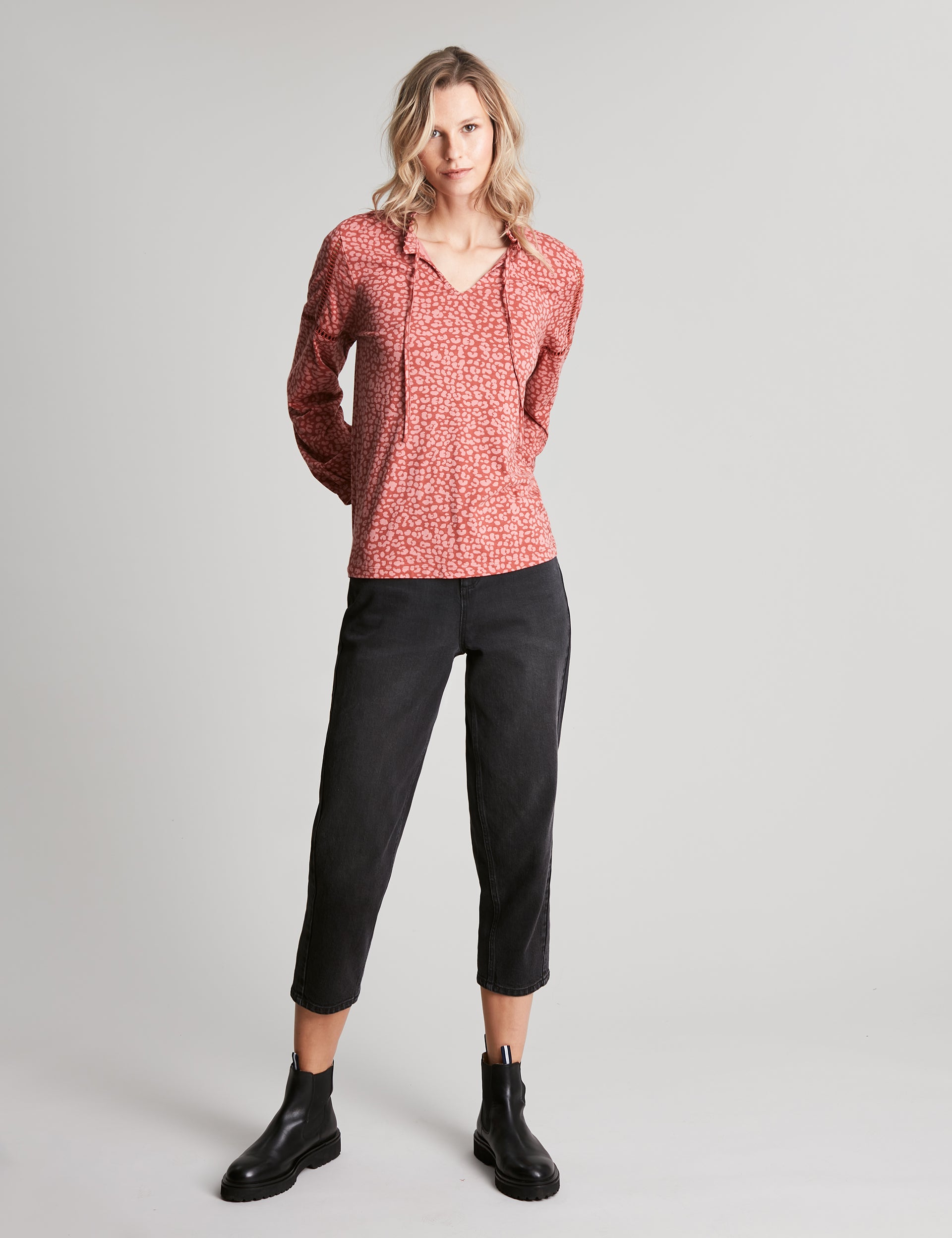 Frances Cut Detail Blouse - Orange Leopard