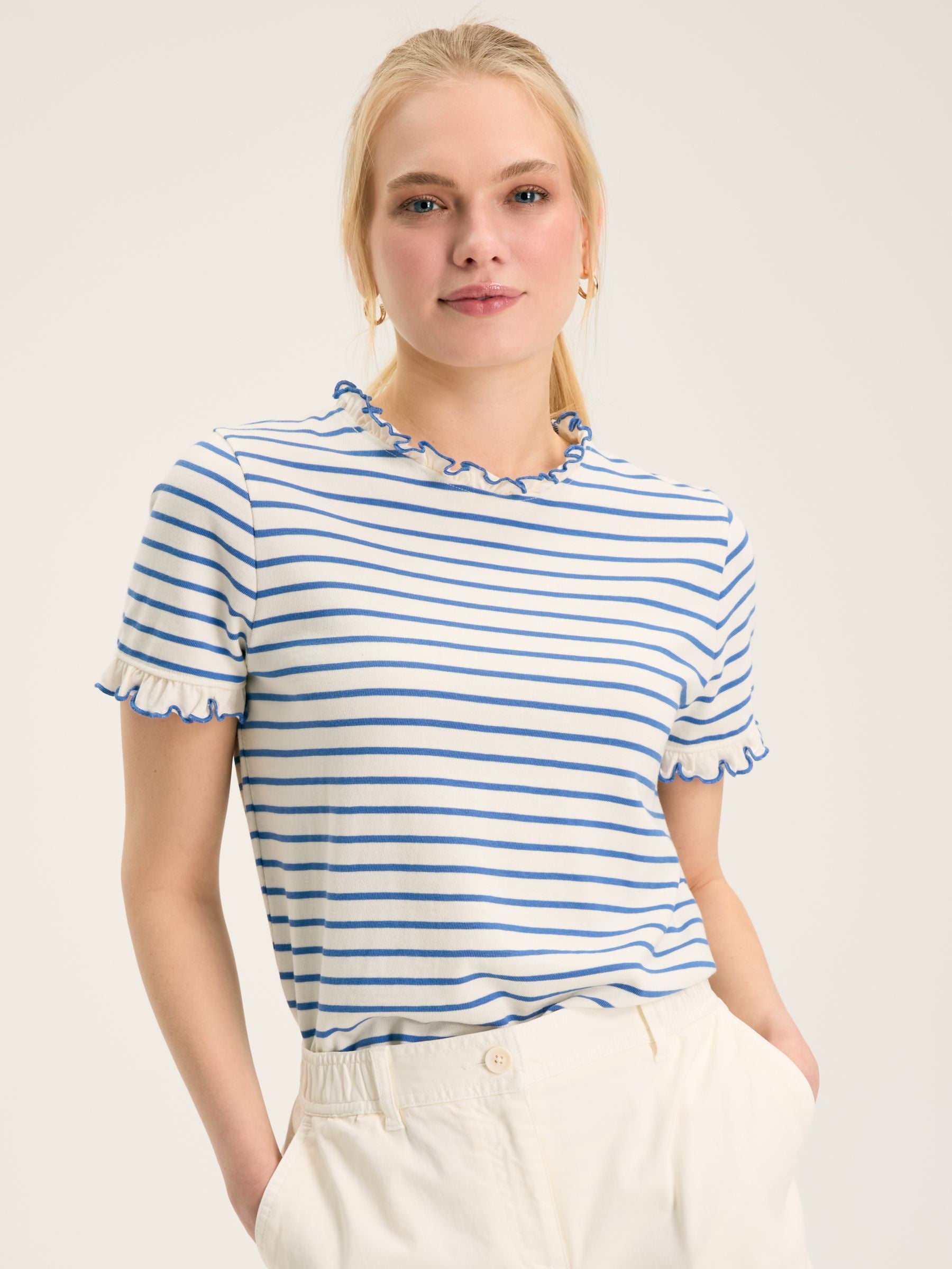 Daisy Cream & Blue Short Sleeve Frilled Neck Top