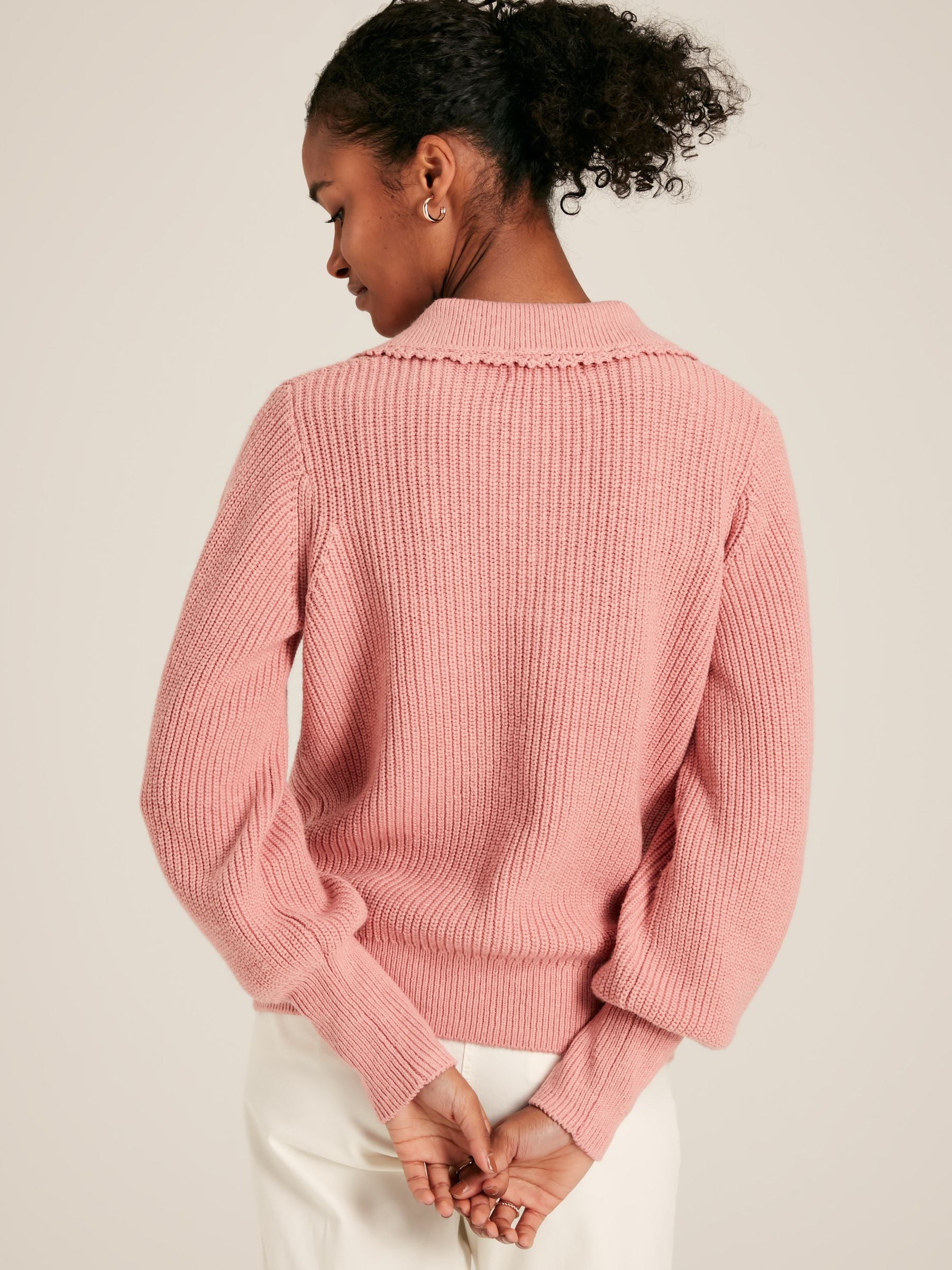 Evangeline Pink Ribbed Jumper with Crochet Collar