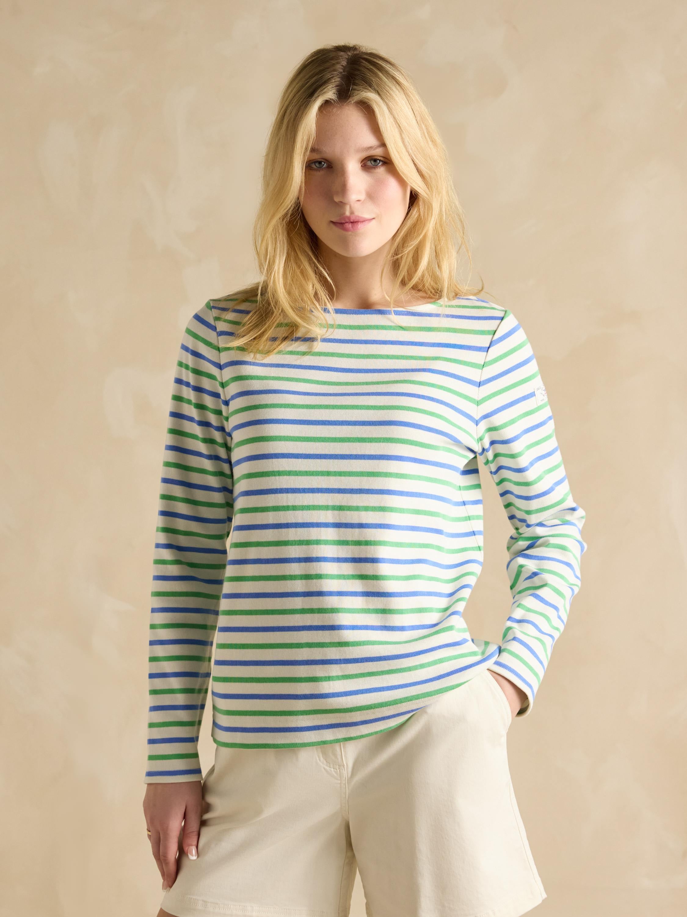 Harbour Green Blue Striped Boat Neck Breton Top