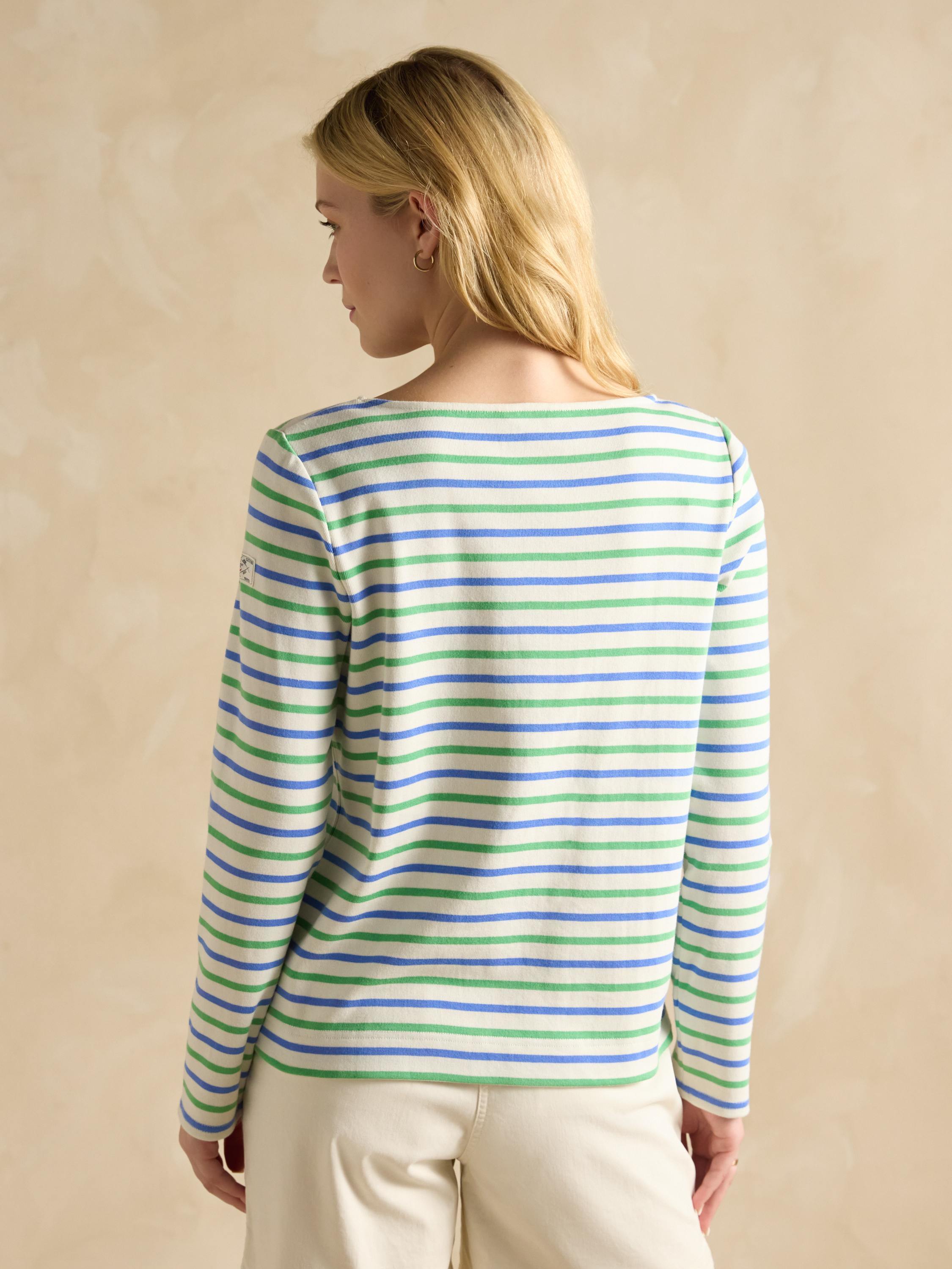 Harbour Green Blue Striped Boat Neck Breton Top