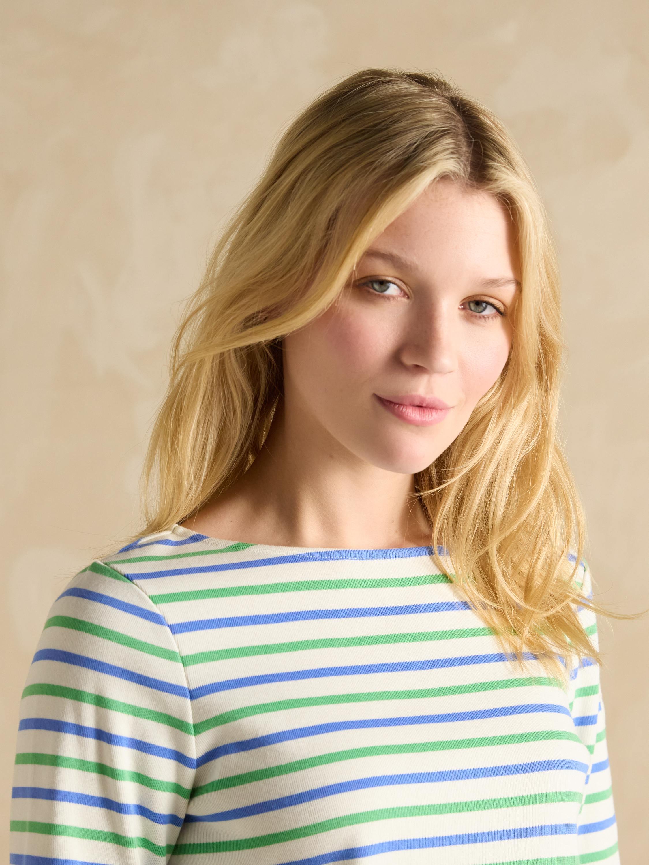 Harbour Green Blue Striped Boat Neck Breton Top