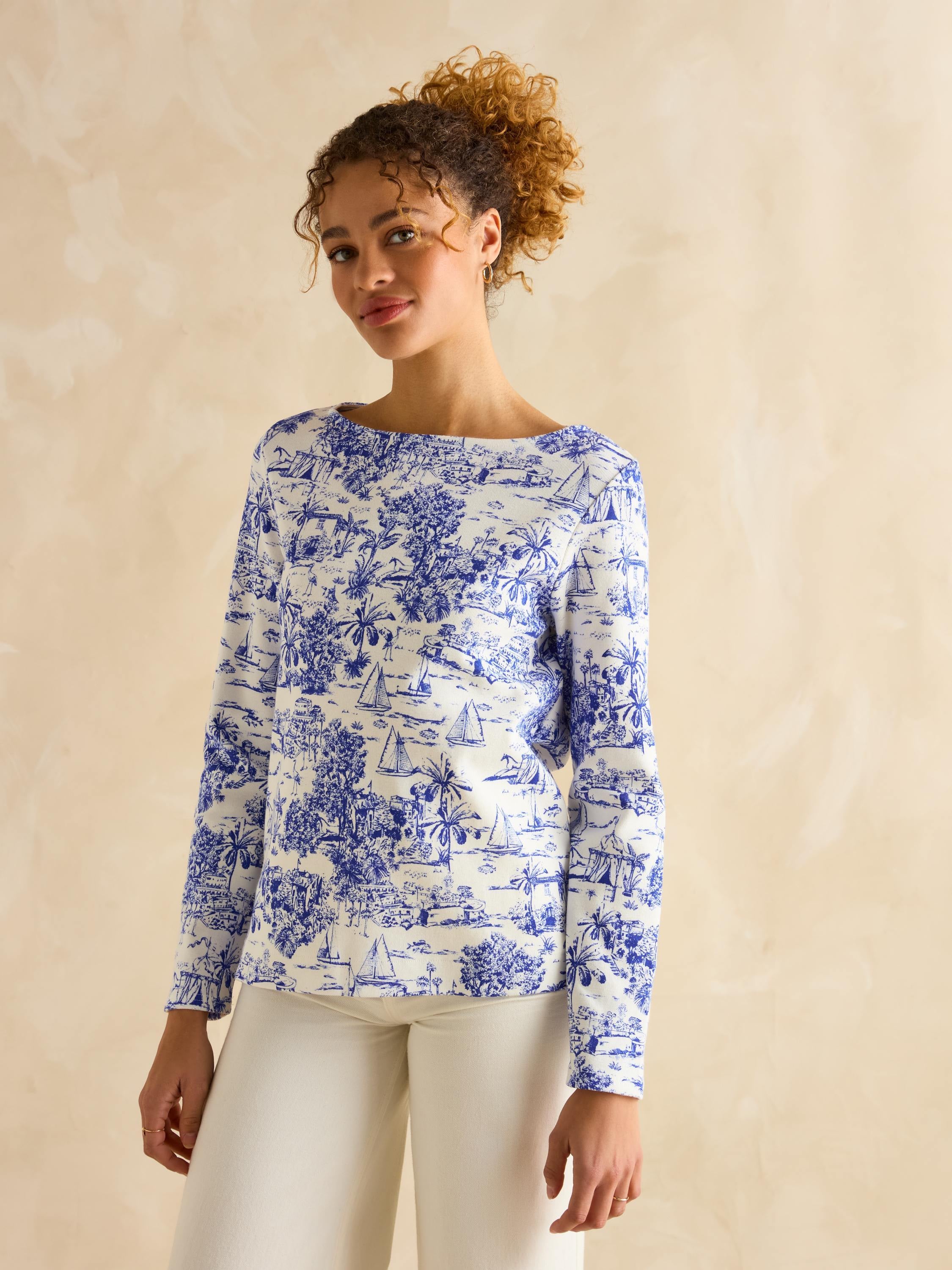 Harbour Blue Toile de Jouy Boat Neck Printed Top