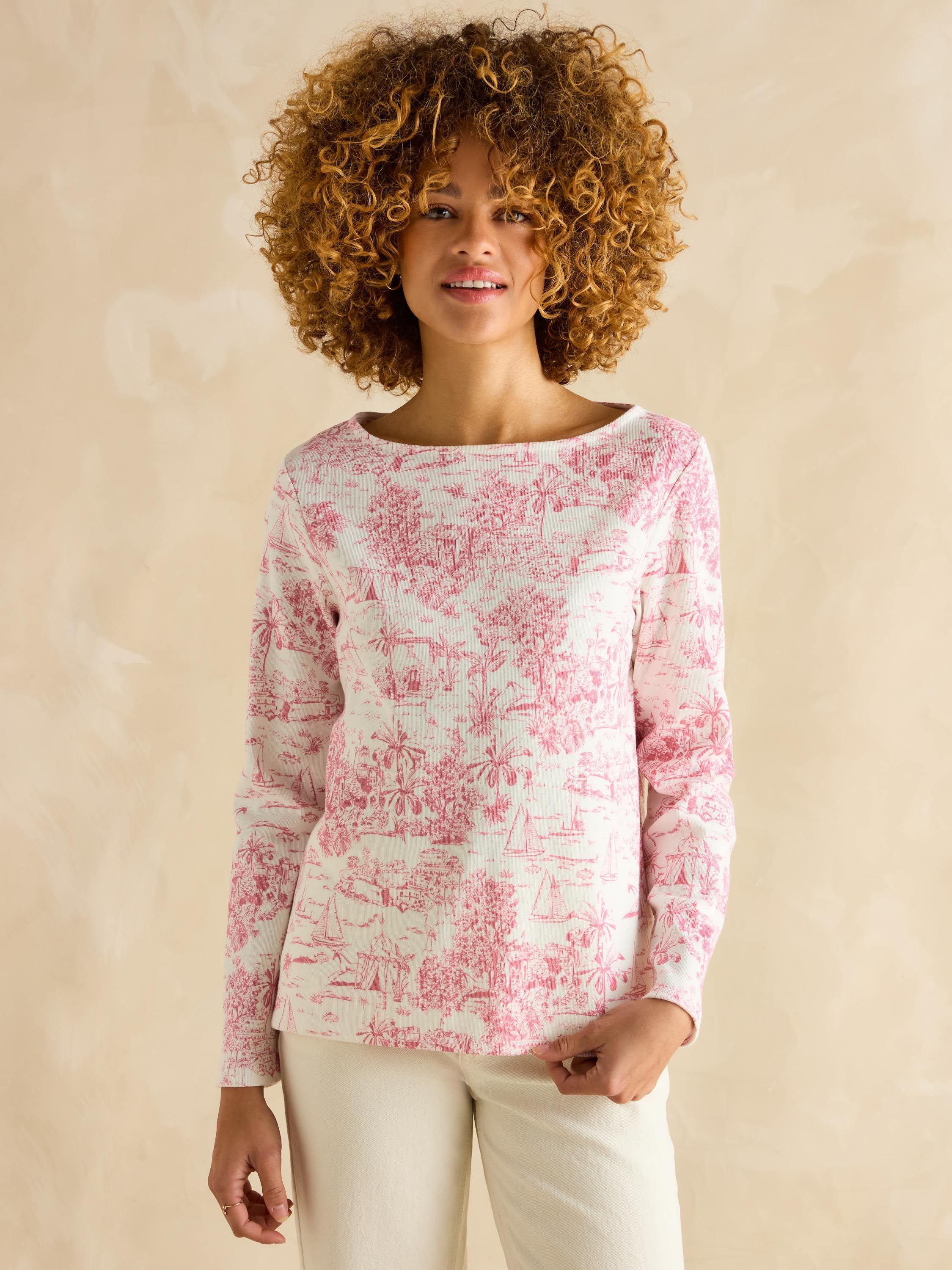 Harbour Pink Toile de Jouy Boat Neck Printed Top
