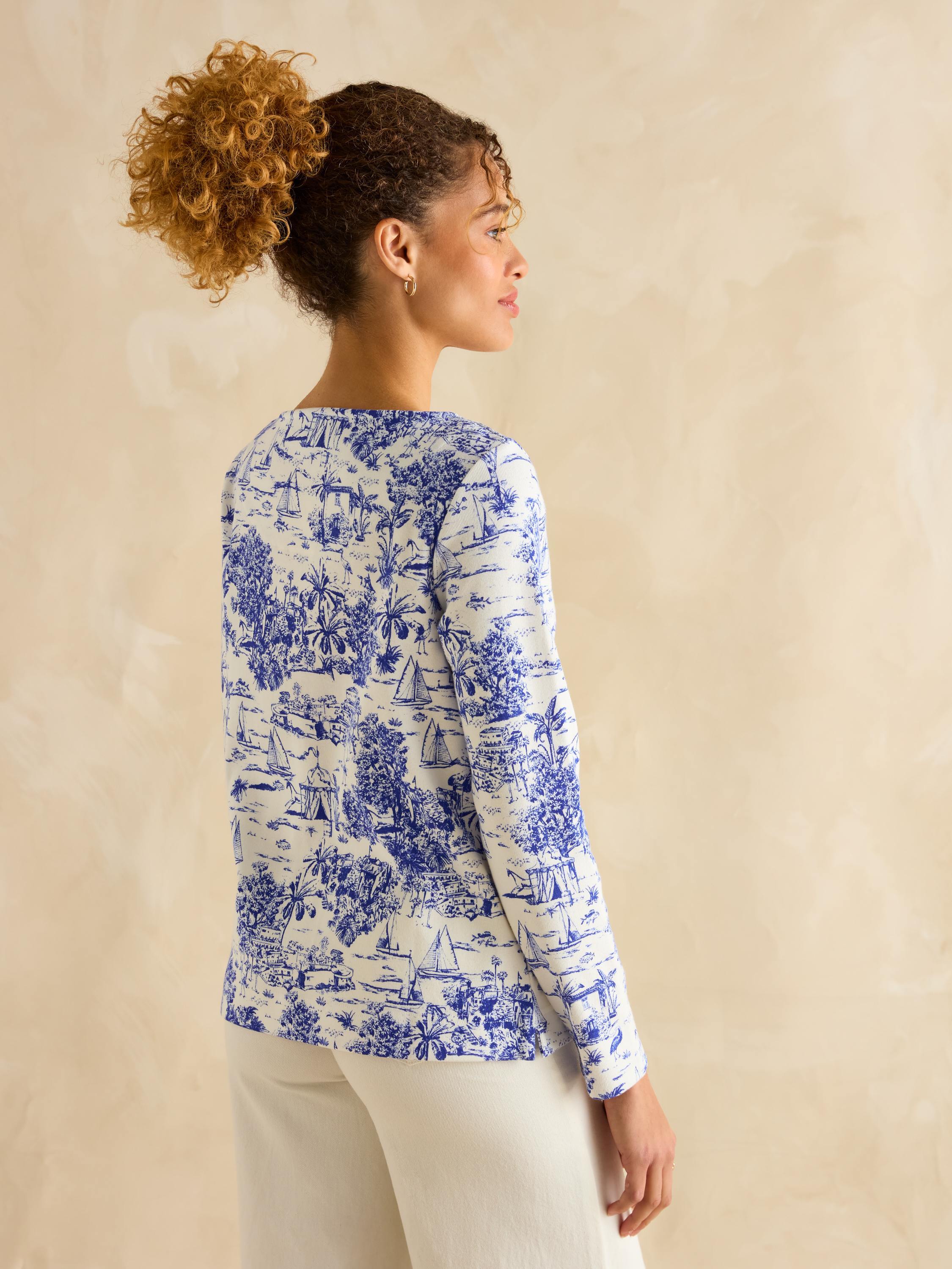 Harbour Blue Toile de Jouy Boat Neck Printed Top