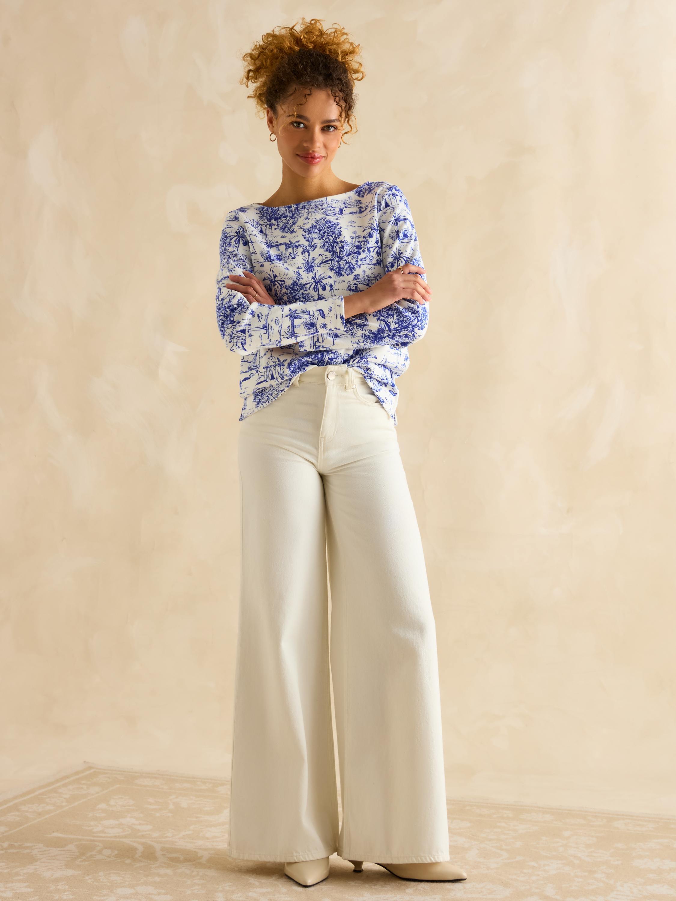 Harbour Blue Toile de Jouy Boat Neck Printed Top