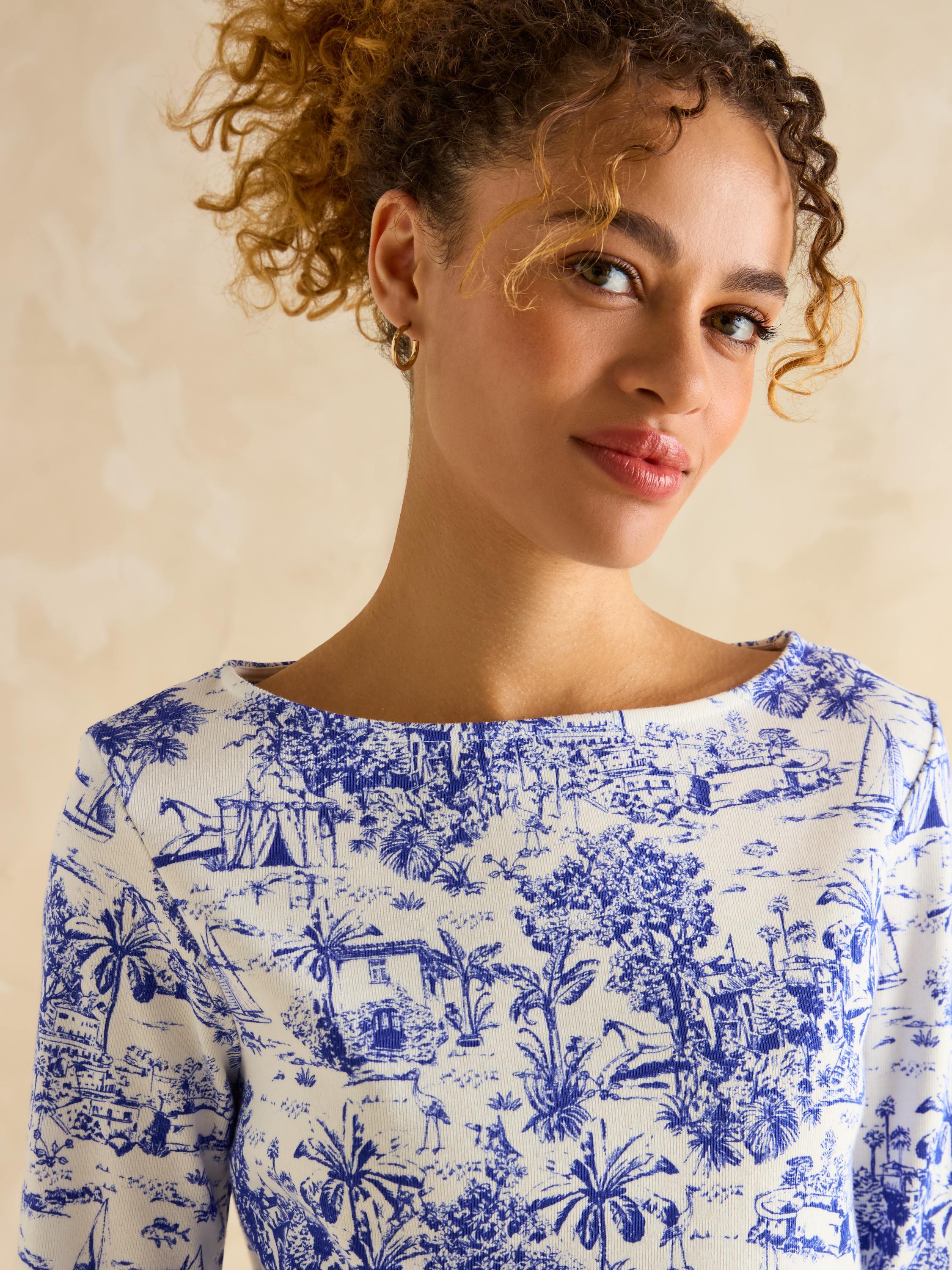 Harbour Blue Toile de Jouy Boat Neck Printed Top