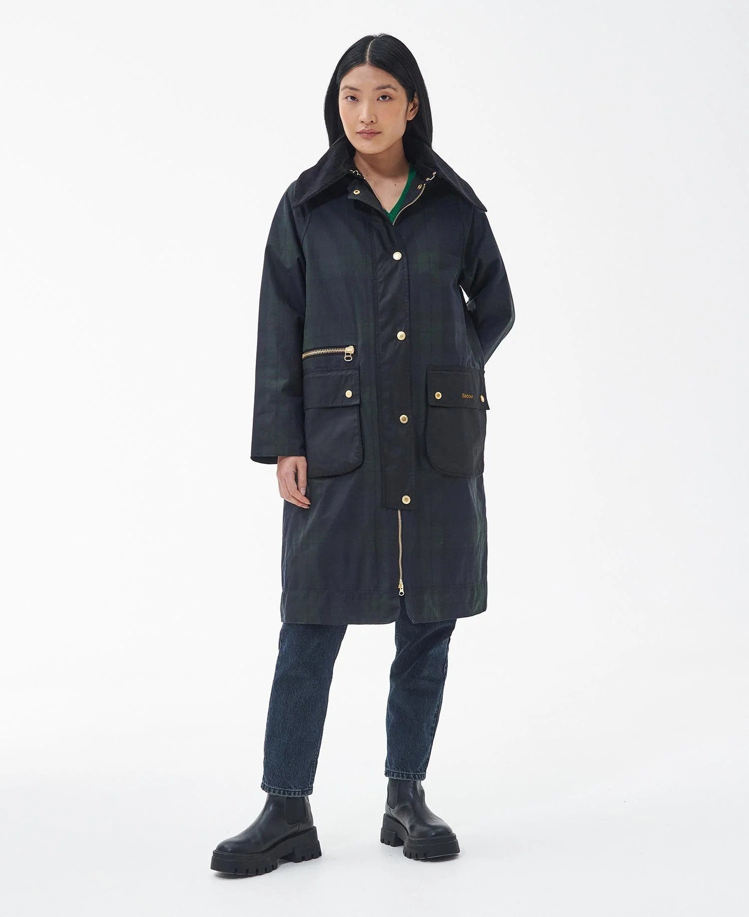 Printed Townfield Wax Jacket - Black/Sage Tartan