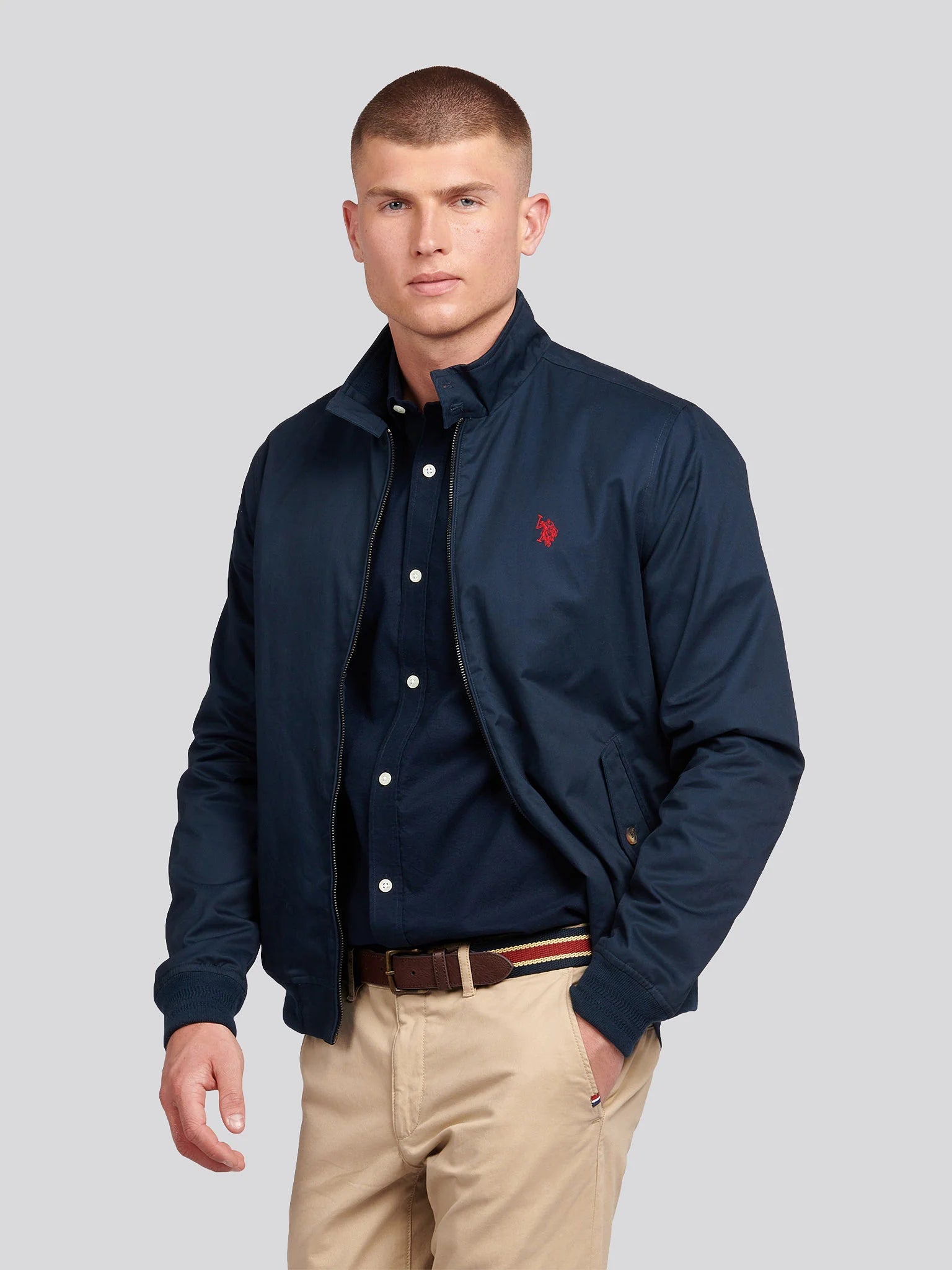 Mens Cotton Twill Harrington Jacket in Dark Sapphire Navy / Haute Red DHM