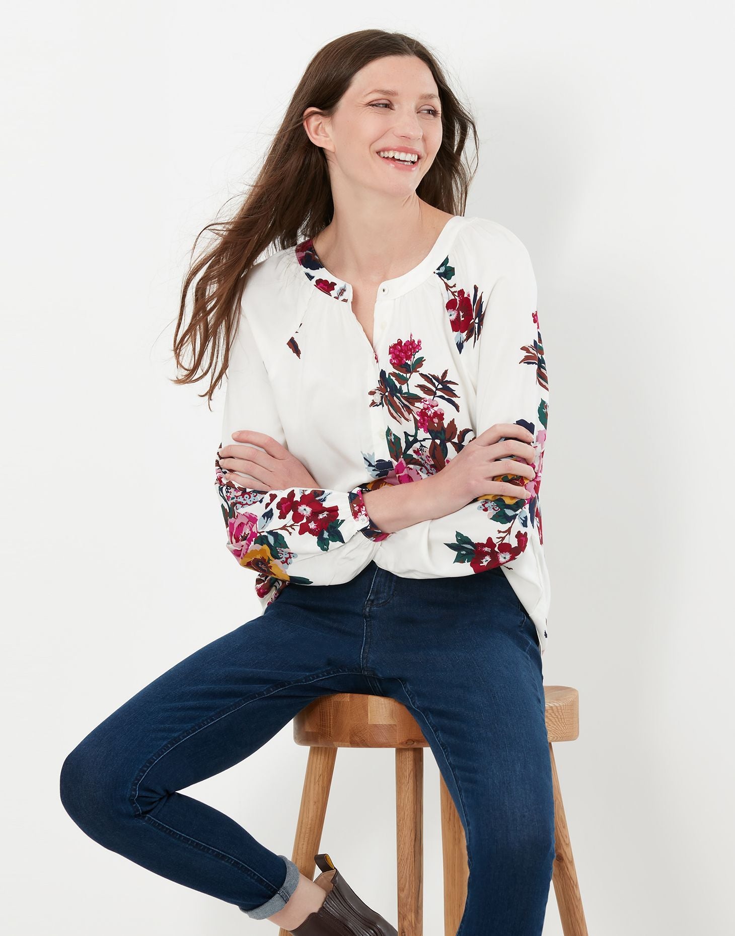 Rosamund Floral Print Long Sleeve Blouse - Cream Floral