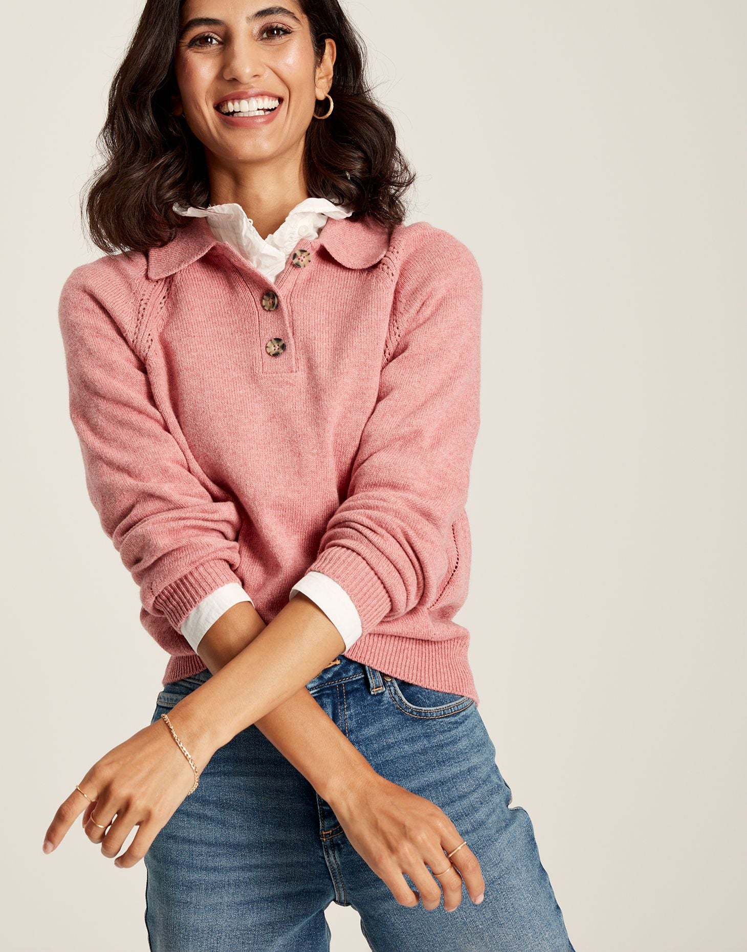 Mia Collared Pointelle Jumper - Pink