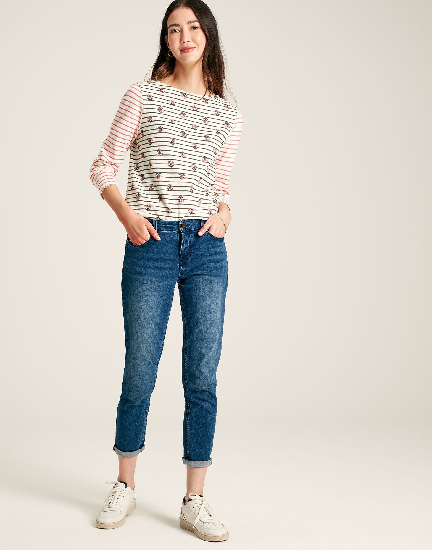 Harbour Embroidered Long Sleeve Jersey Top - Grey Stripe Foulard