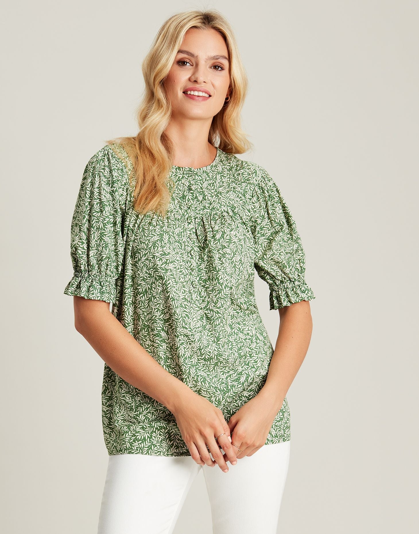 Eloisa Curved Yoke Blouse - Green Leaf Ditsy
