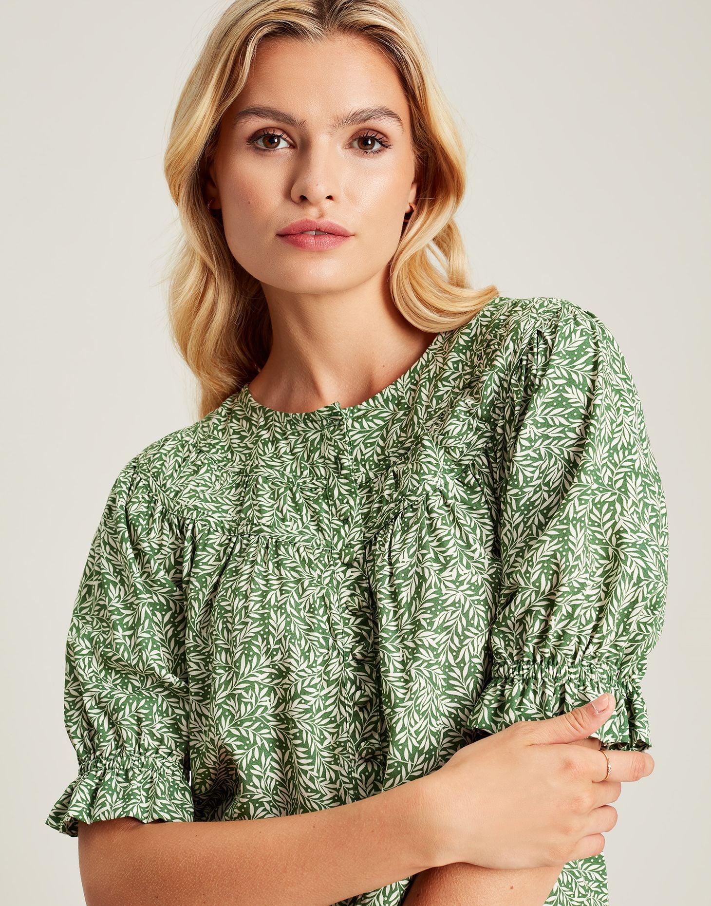 Eloisa Curved Yoke Blouse - Green Leaf Ditsy