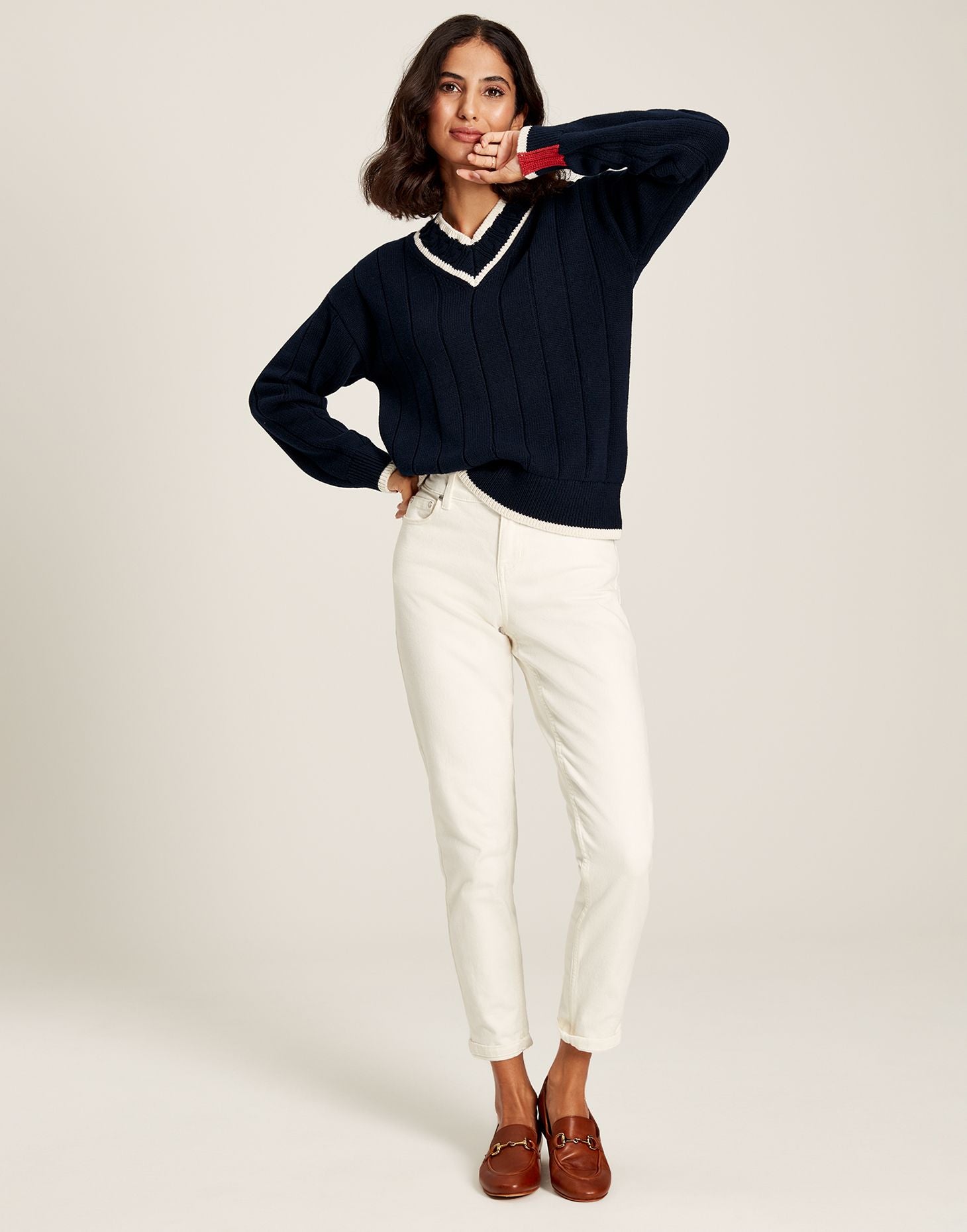 Dawson V-Neck Cricket Jumper - Navy Cream