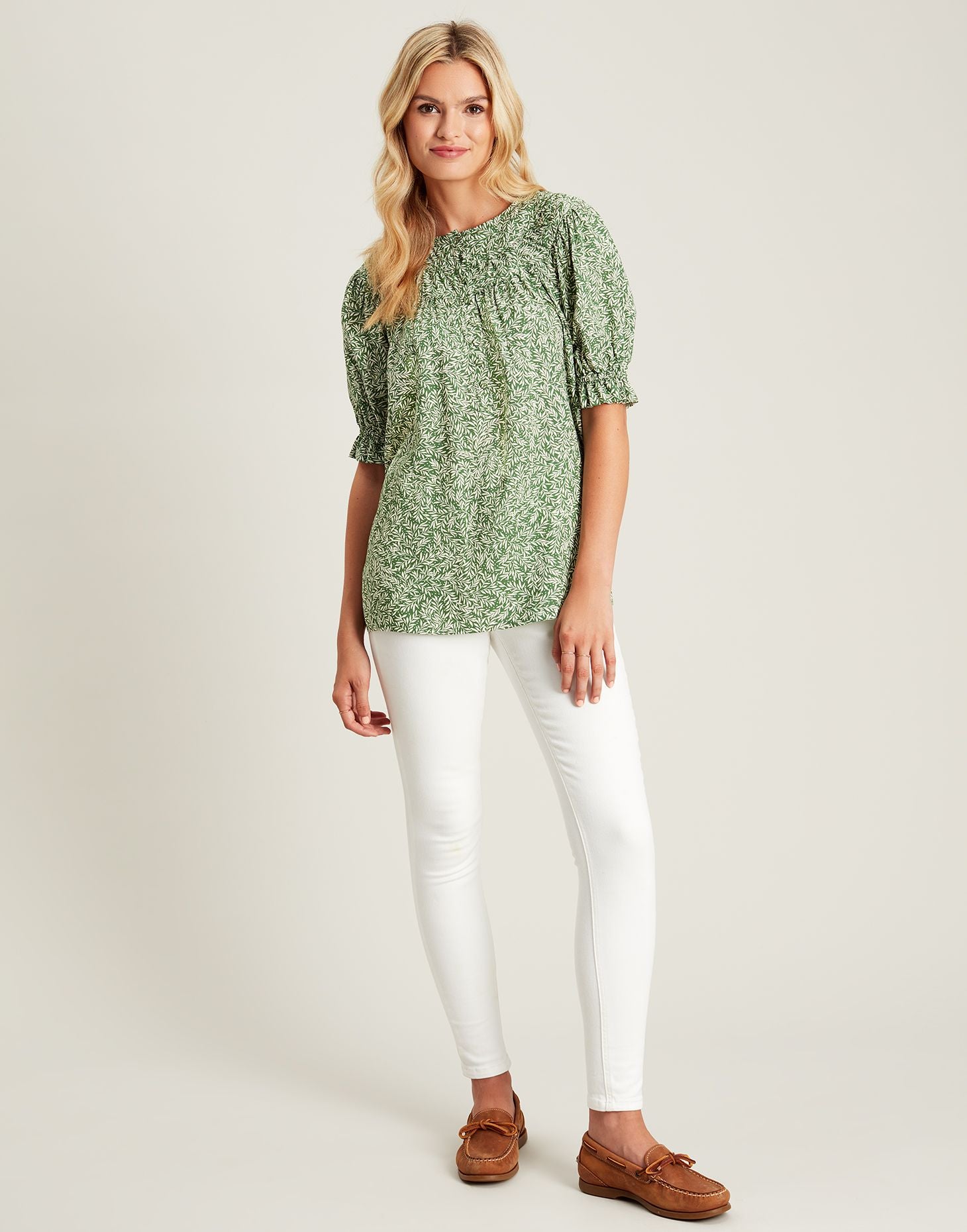 Eloisa Curved Yoke Blouse - Green Leaf Ditsy