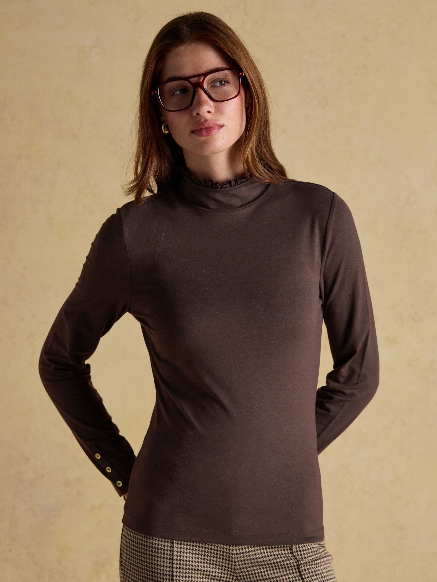 Amy Chocolate Brown Long Sleeve High Frill Neck Jersey Top