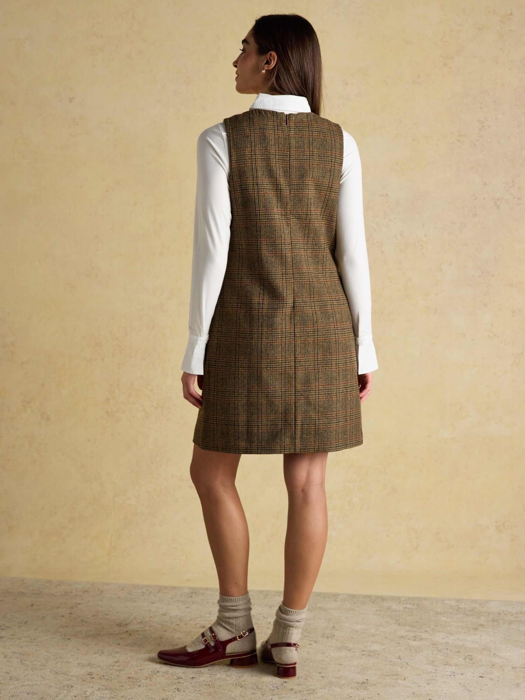 Edwina Brown Check Shift Tweed Wool Blend Sleeve Dress with Round Neck