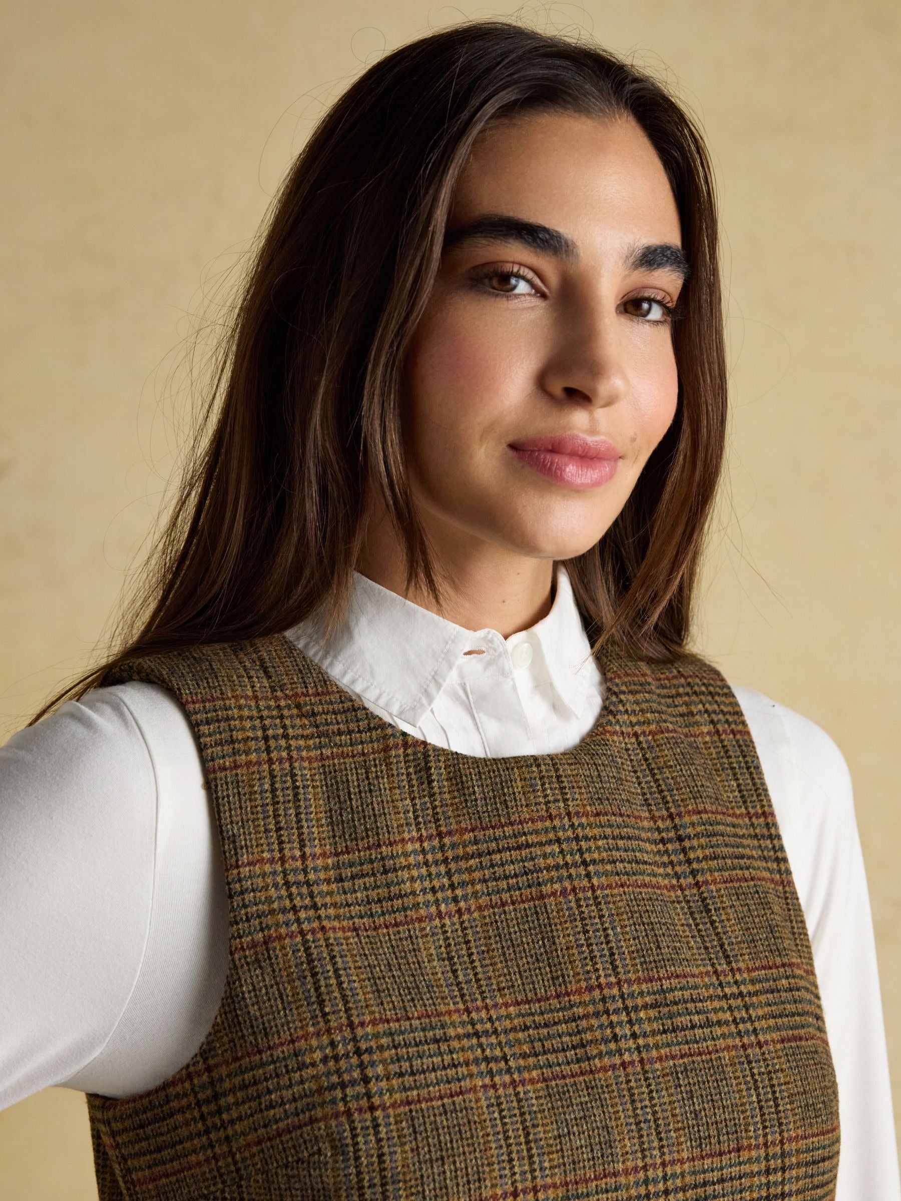Edwina Brown Check Shift Tweed Wool Blend Sleeve Dress with Round Neck