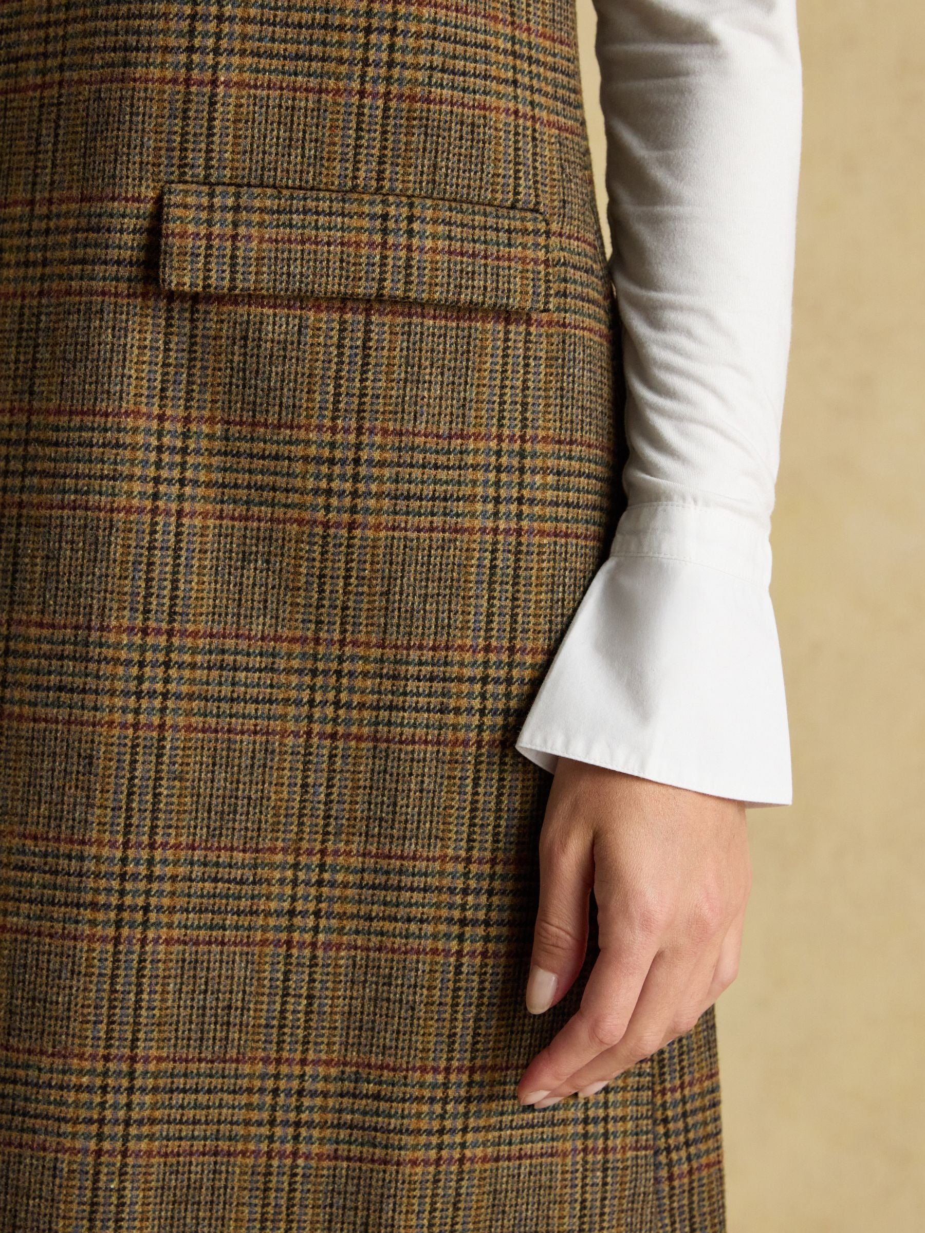 Edwina Brown Check Shift Tweed Wool Blend Sleeve Dress with Round Neck
