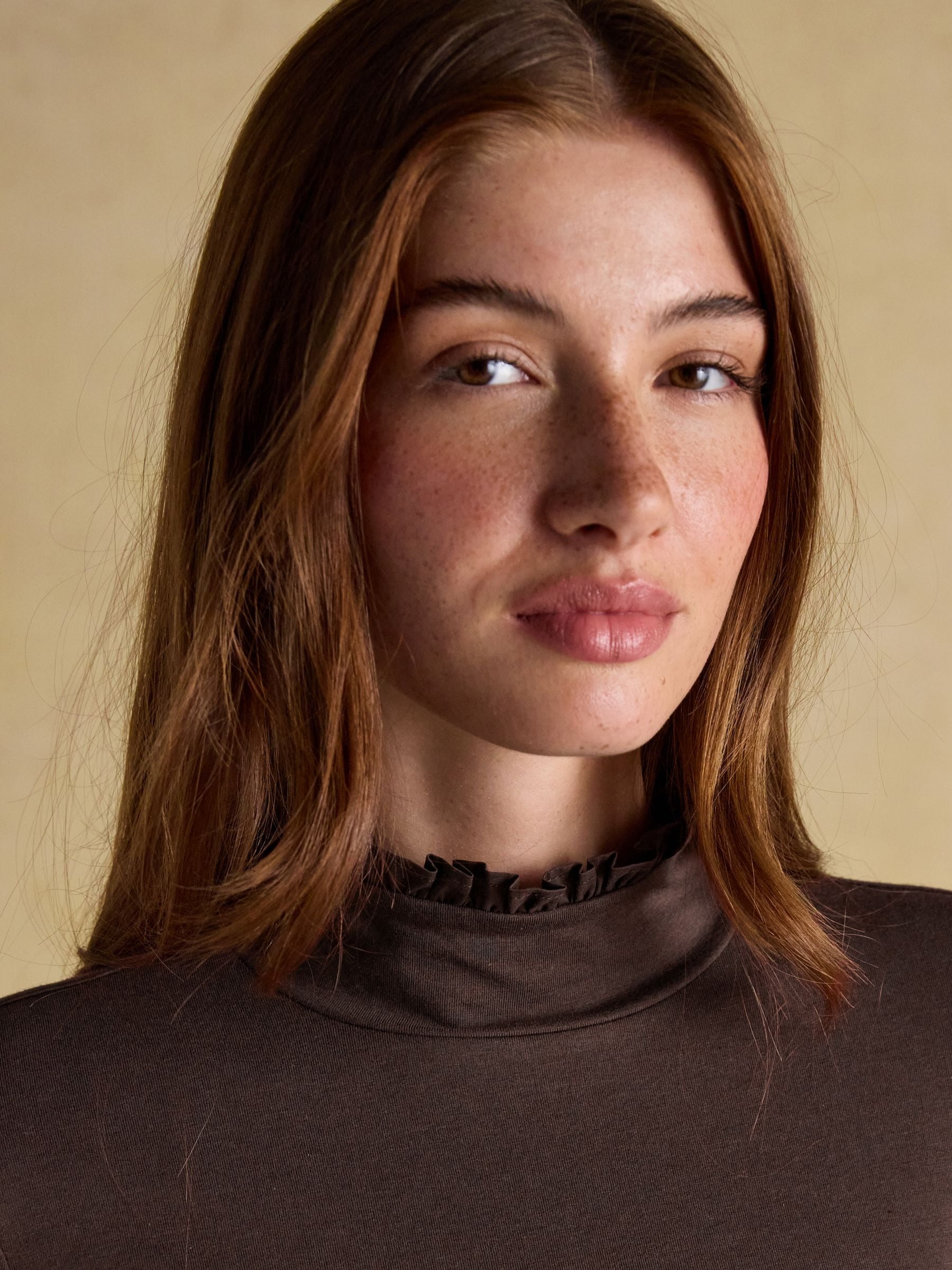 Amy Chocolate Brown Long Sleeve High Frill Neck Jersey Top