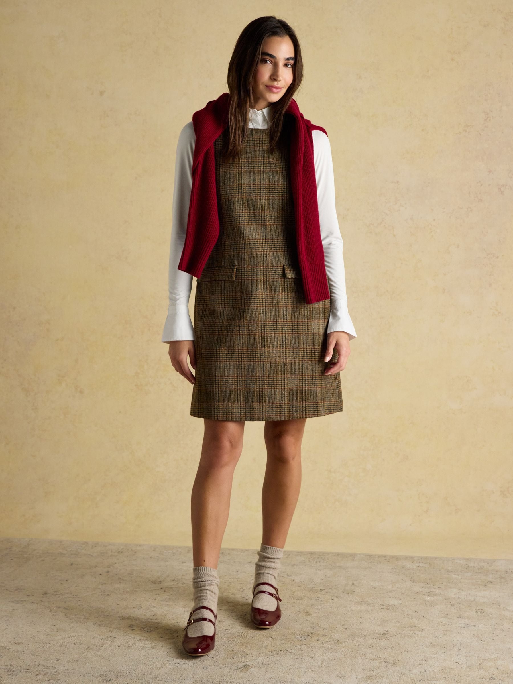 Edwina Brown Check Shift Tweed Wool Blend Sleeve Dress with Round Neck