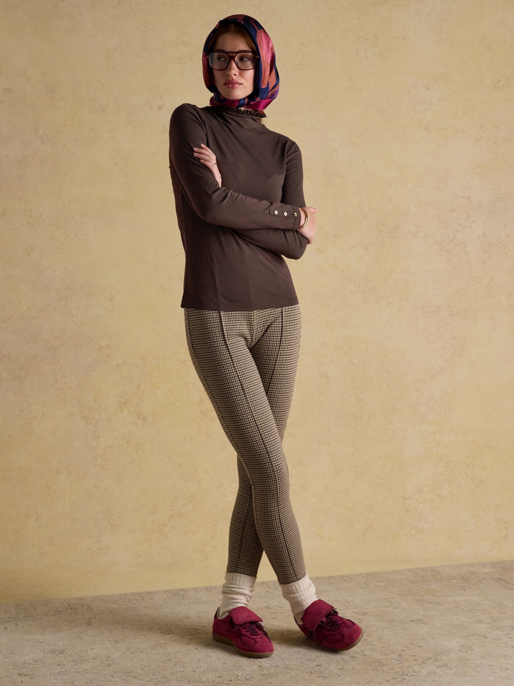 Amy Chocolate Brown Long Sleeve High Frill Neck Jersey Top