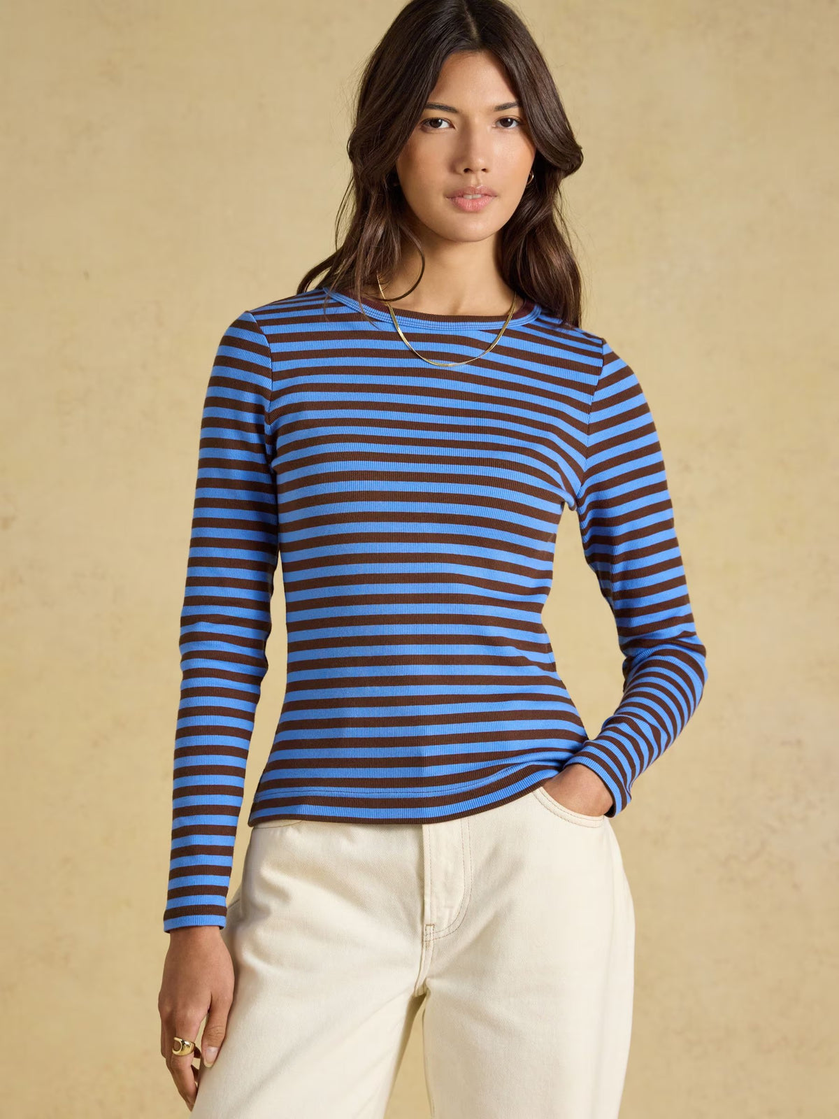 Sophie Blue & Brown Striped Long Sleeve Ribbed Fitted T-Shirt