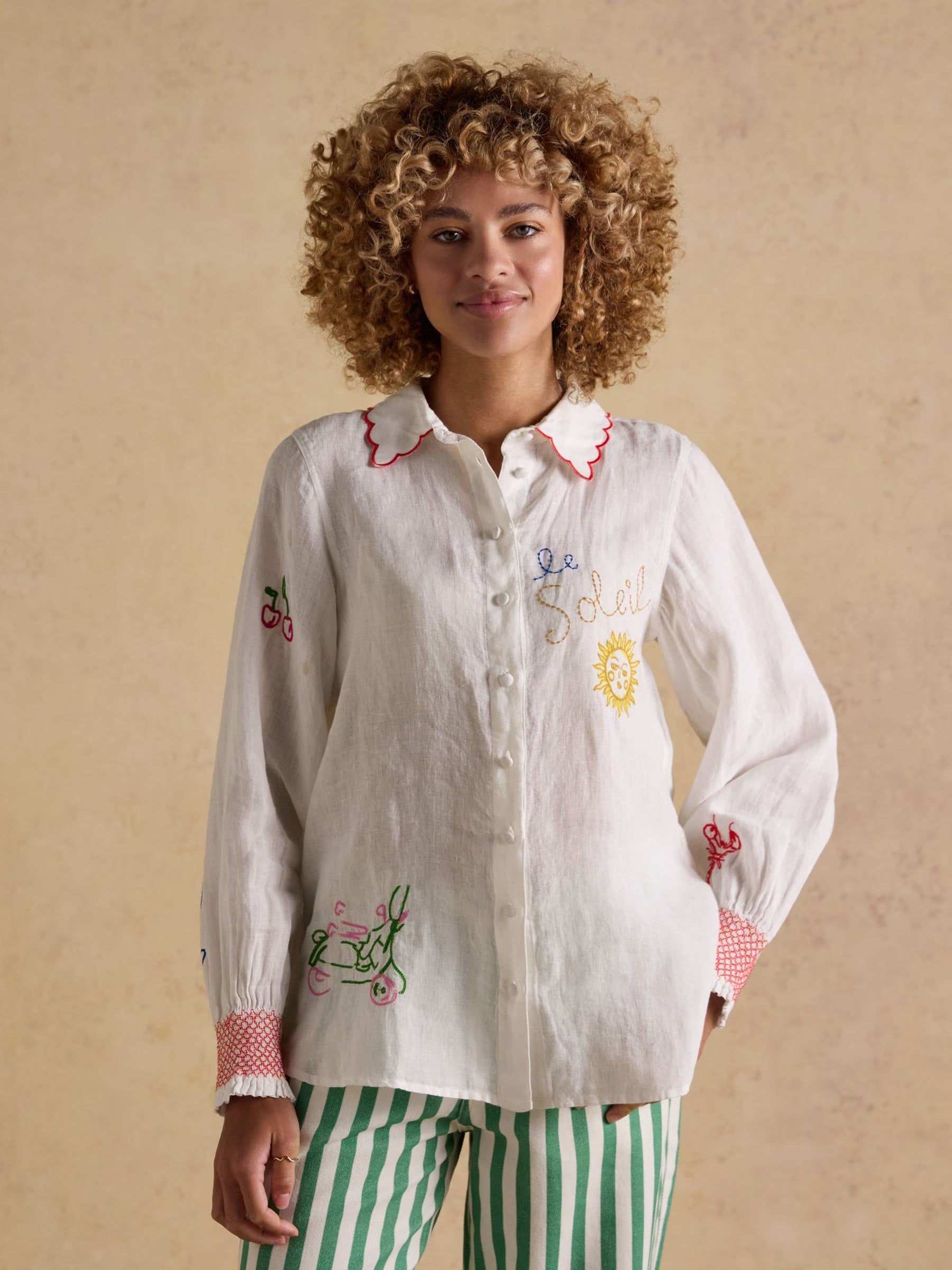 Orla White Embroidered Icons Pure Linen Long Sleeve Shirt