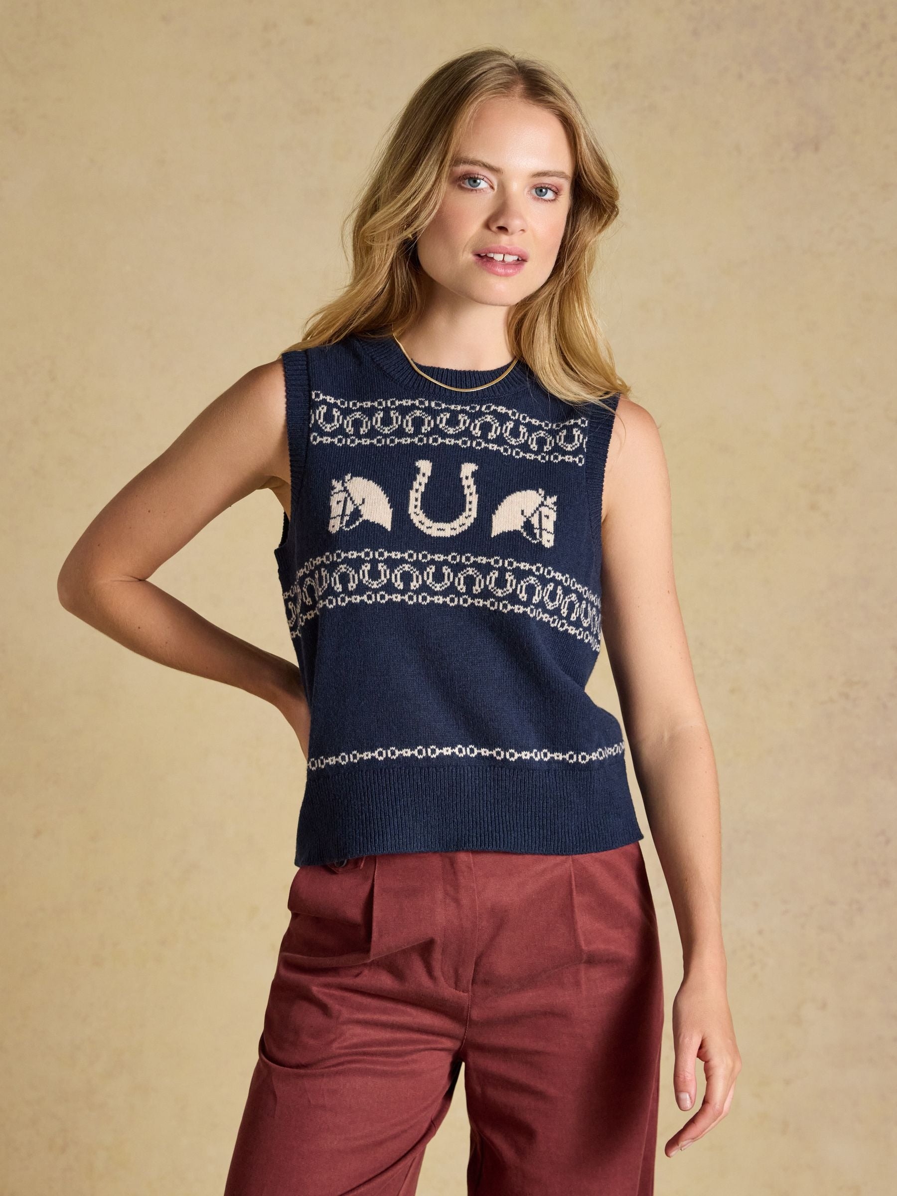 Horse Icon Navy Cotton Blend Crew Neck Knitted Vest