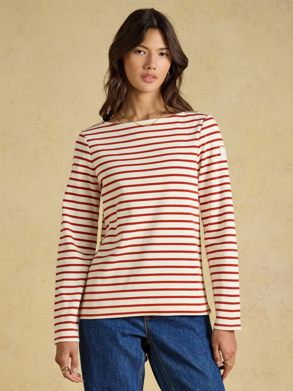 Harbour Cream & Burnt Orange Long Sleeve Striped Boat Neck Breton Top
