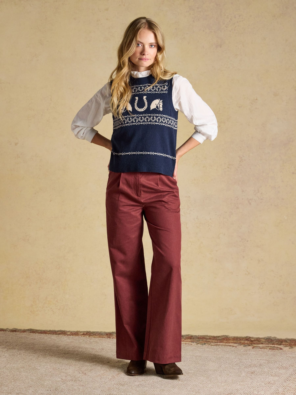 Horse Icon Navy Cotton Blend Crew Neck Knitted Vest