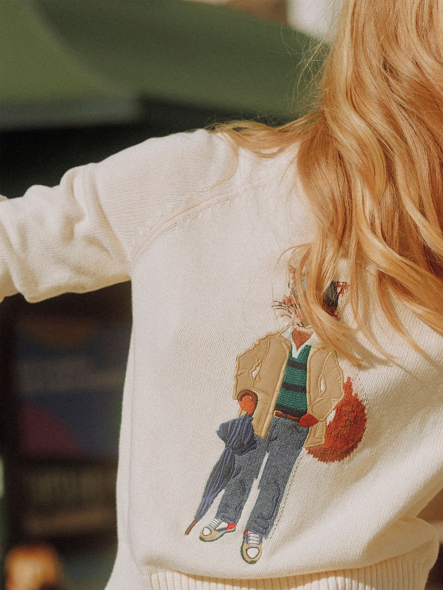 April Showers Cream Jonty Fox Embroidered Cotton-Rich Crew Neck Jumper