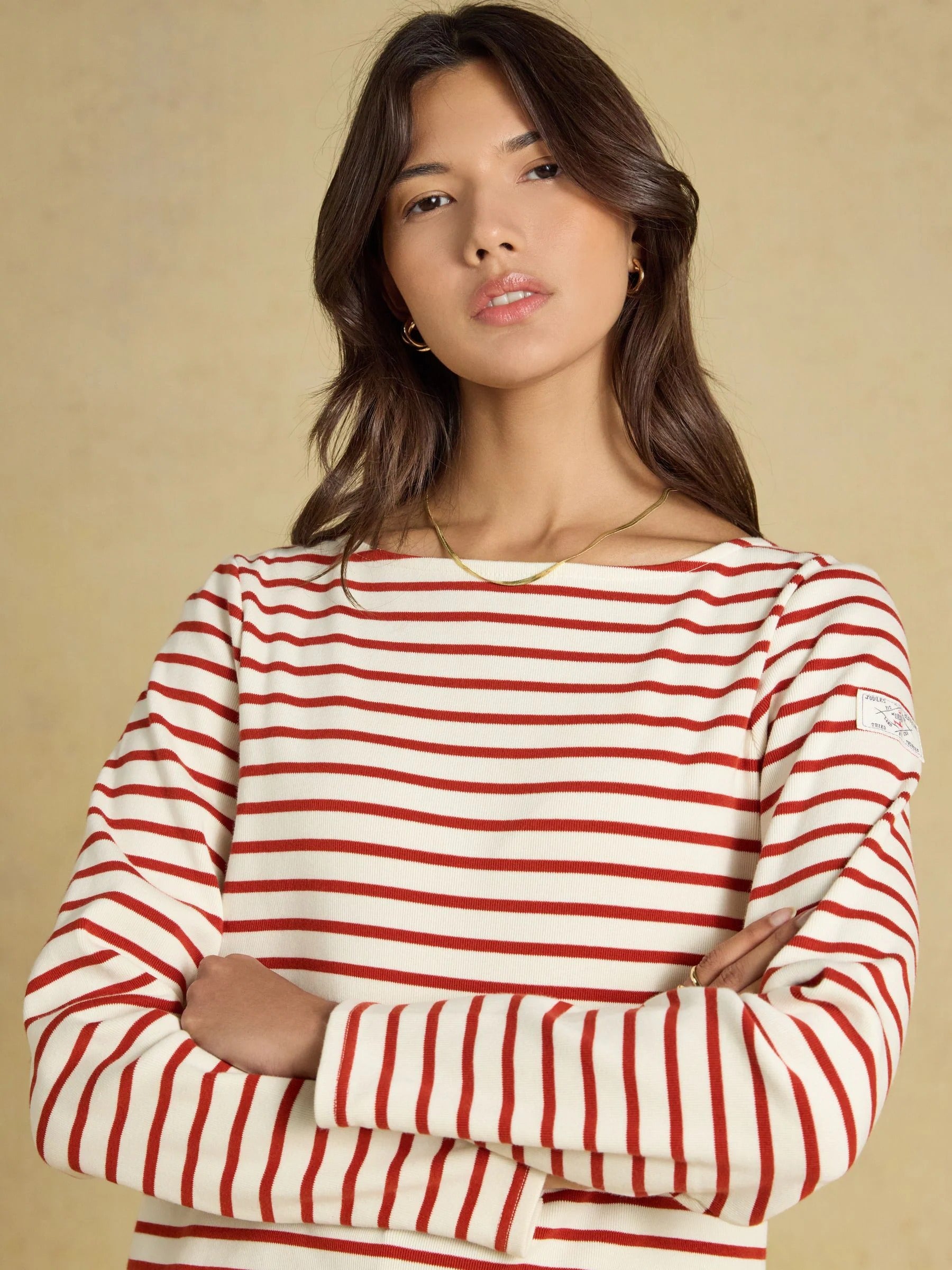 Harbour Cream & Burnt Orange Long Sleeve Striped Boat Neck Breton Top