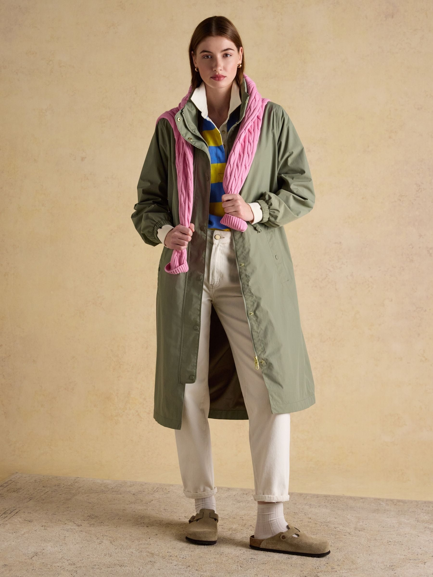Hensley Khaki Green Longline Waterproof Coat with Packable Hood