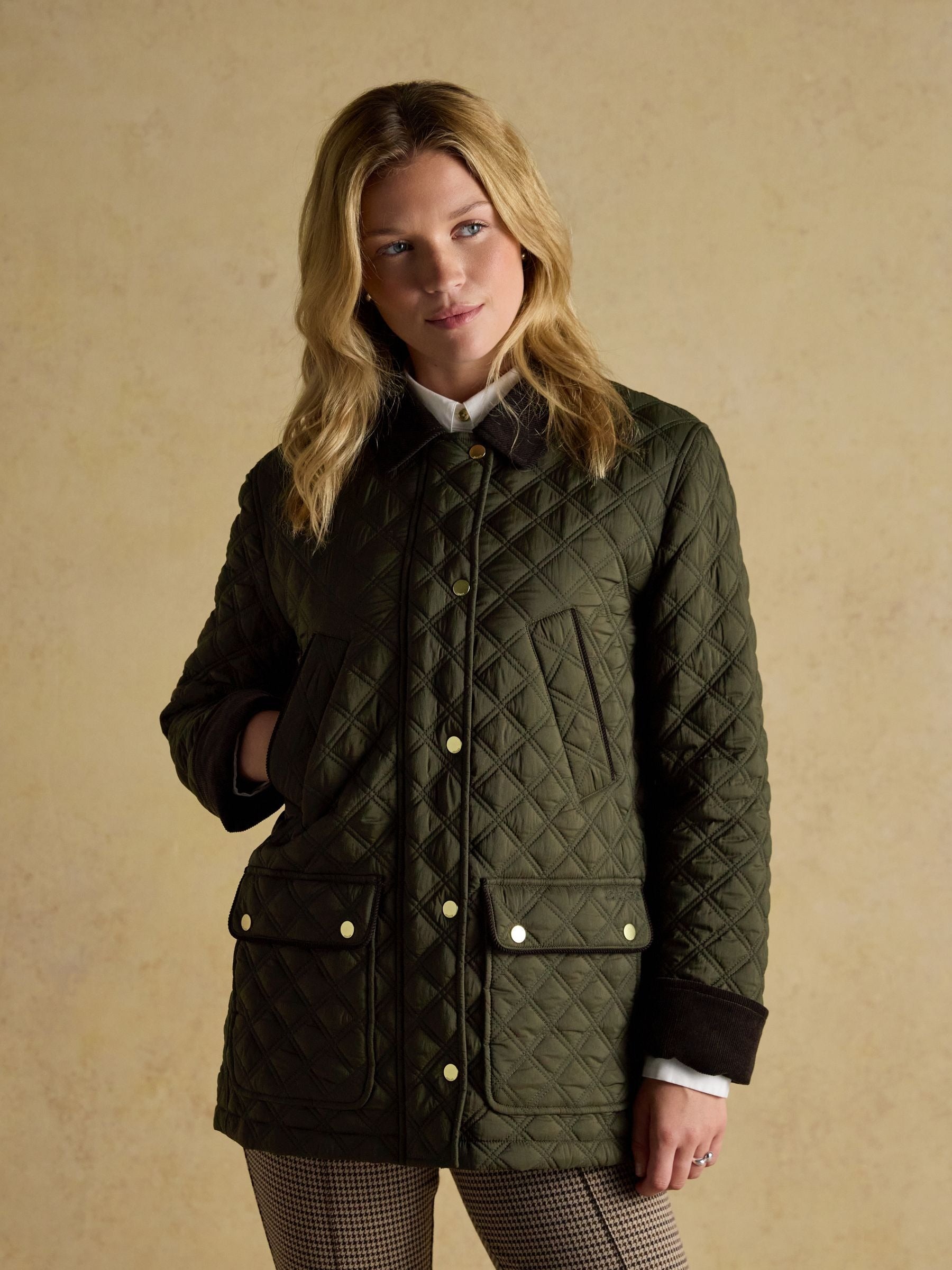 Beatrix Khaki Green Showerproof Diamond Quilted Coat