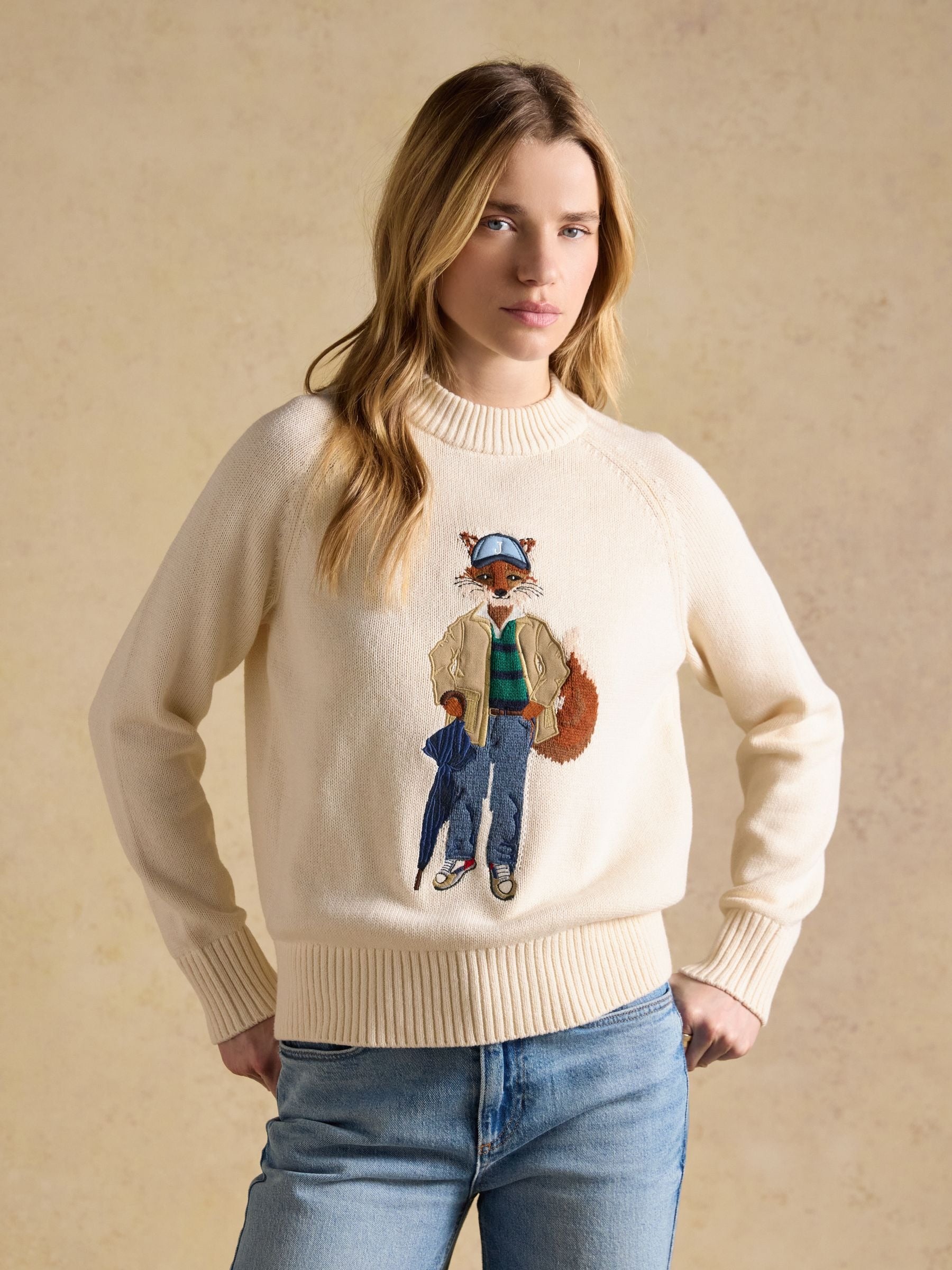 April Showers Cream Jonty Fox Embroidered Cotton-Rich Crew Neck Jumper