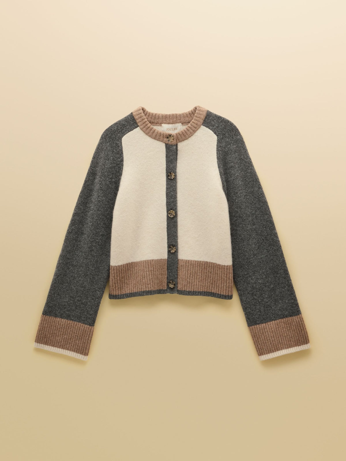 Cream & Tan Crew Neck Knitted Cardigan