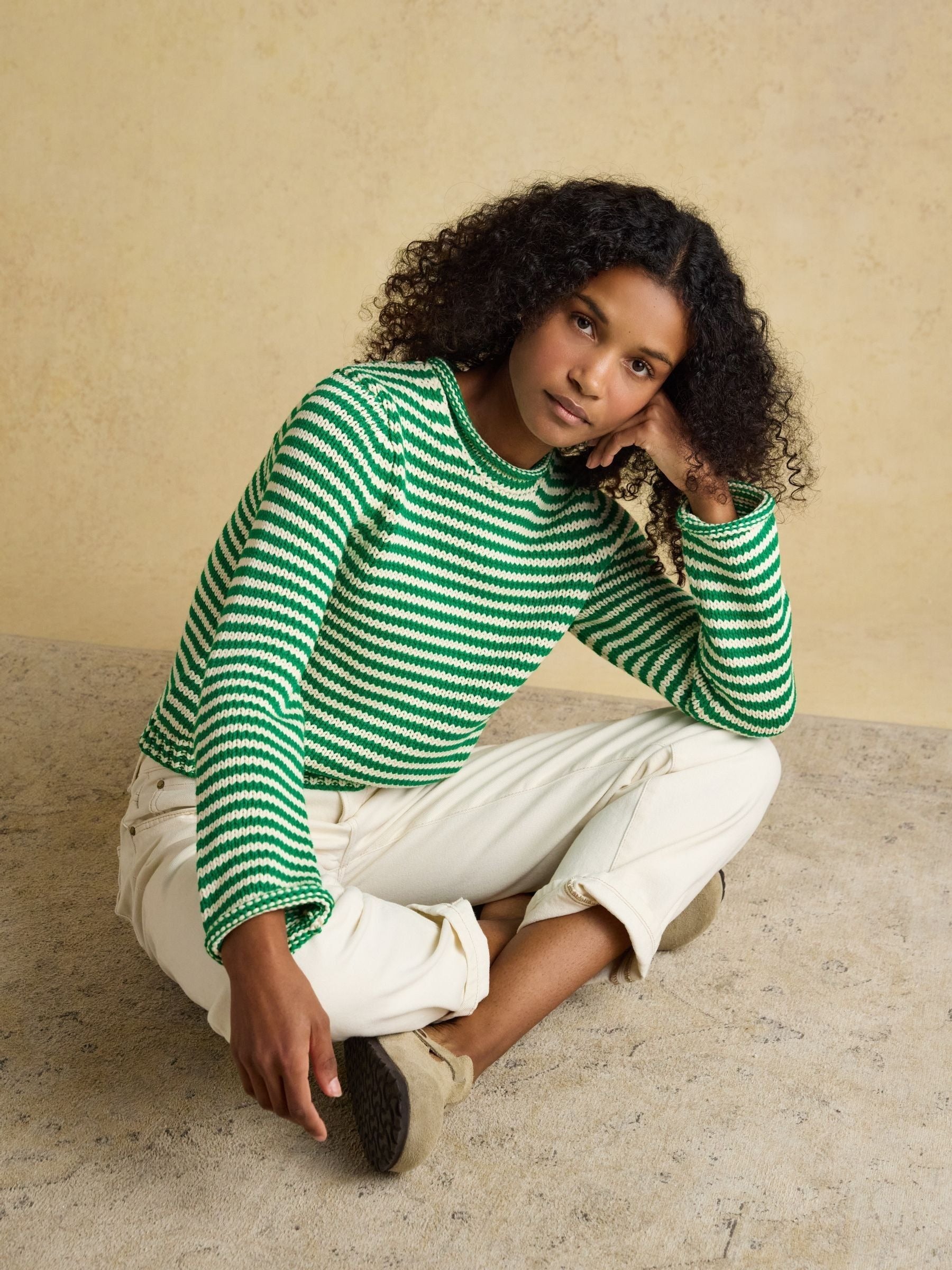 Green & White Striped Cotton Crew Neck Jumper