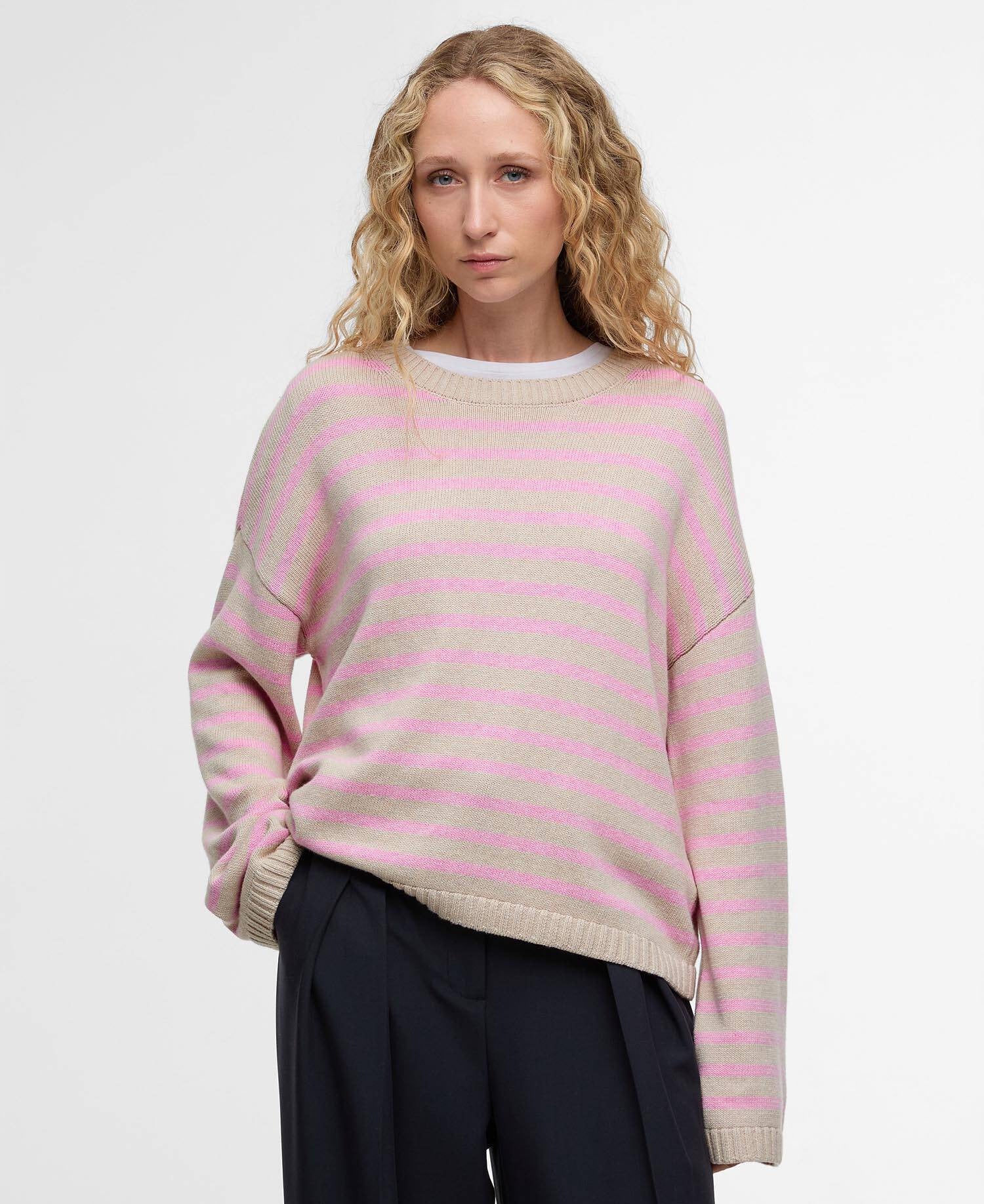 Rosie Striped Crew Neck Jumper - Oat/Cherry Blossom Stripe