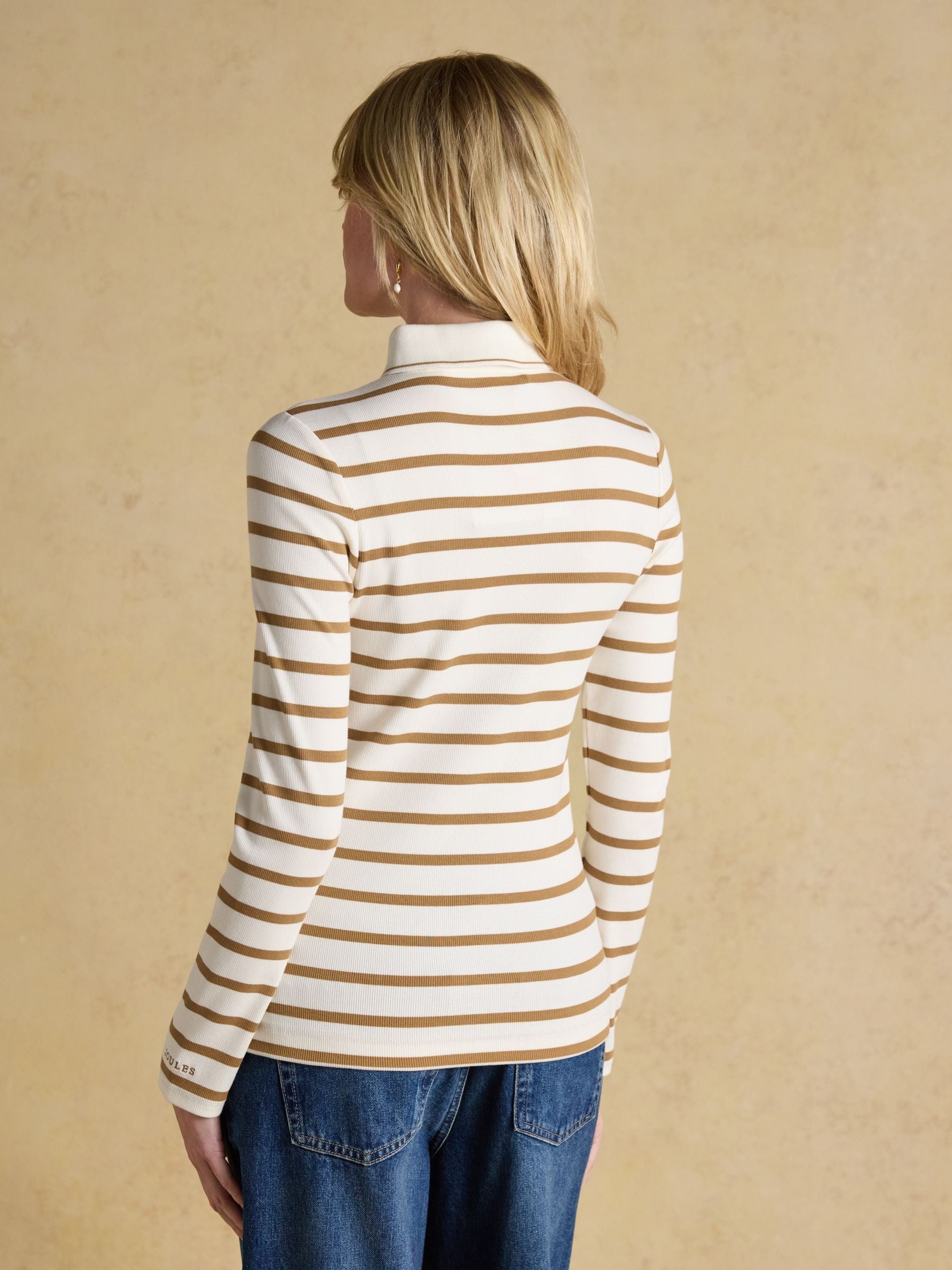 Fairfield Jonty Fox Cream & Brown Striped Long Sleeve Ribbed Polo Shirt