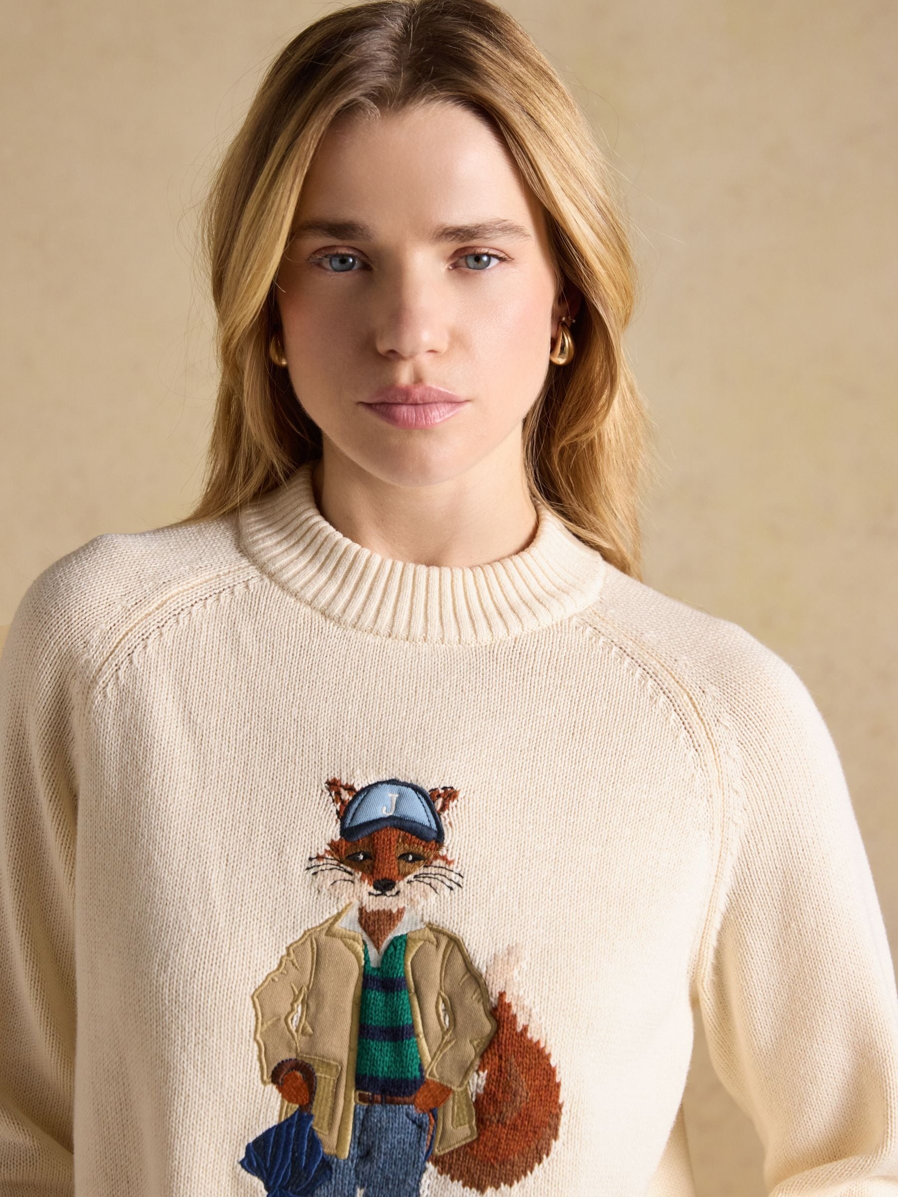 April Showers Cream Jonty Fox Embroidered Cotton-Rich Crew Neck Jumper