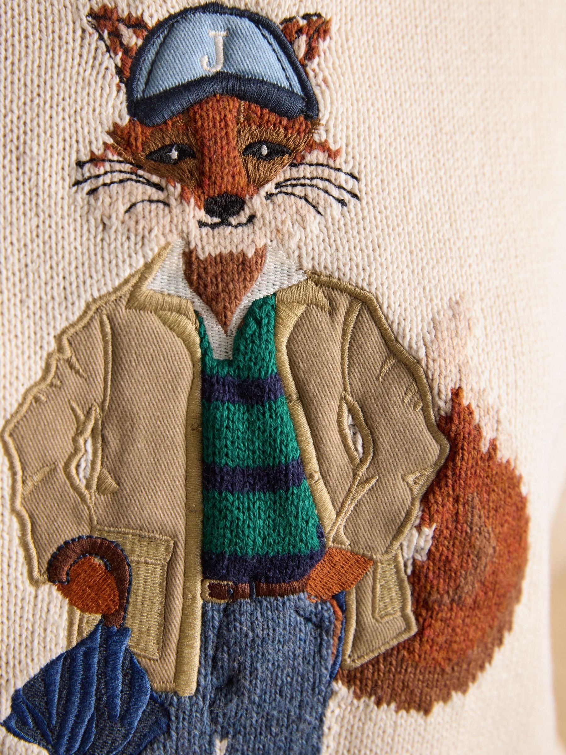 April Showers Cream Jonty Fox Embroidered Cotton-Rich Crew Neck Jumper