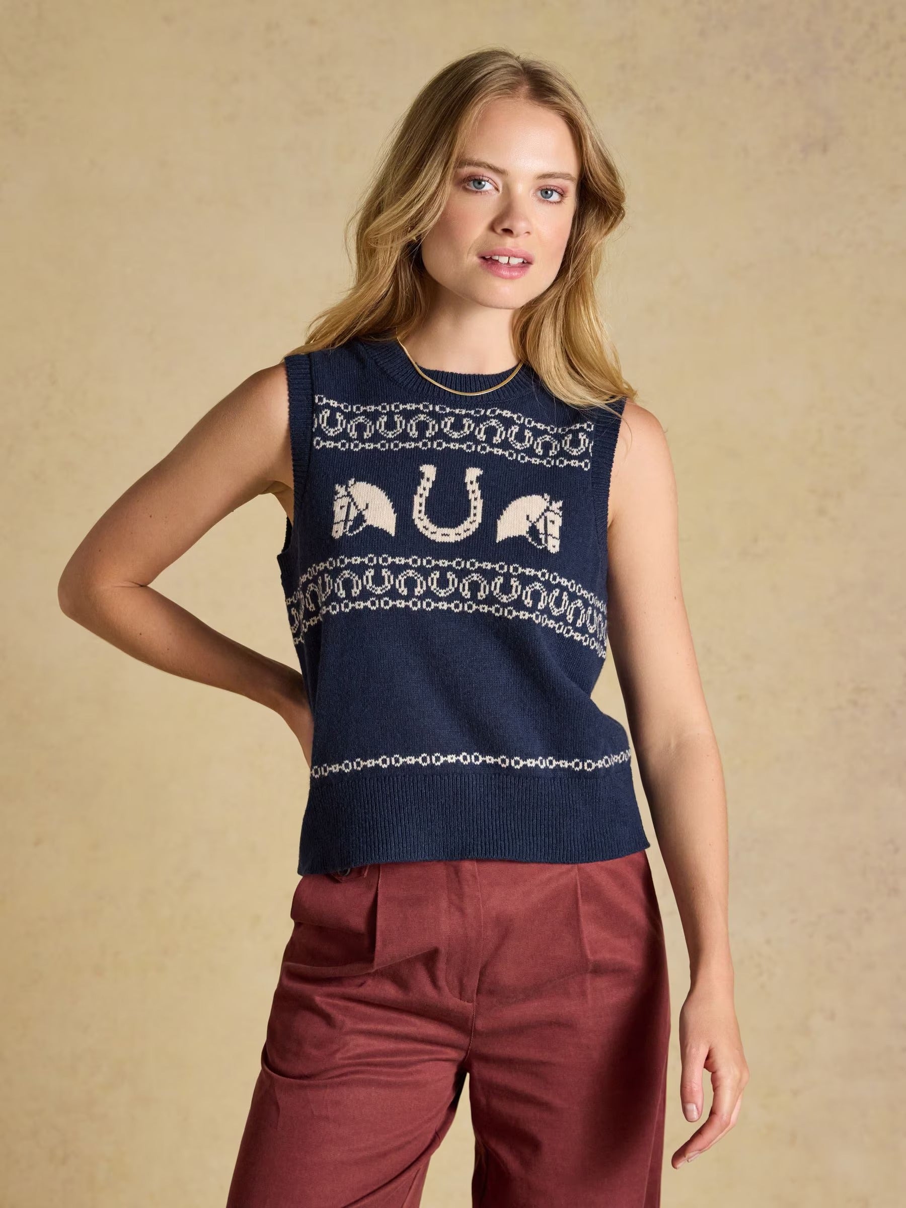 Horse Icon Navy Cotton Blend Crew Neck Knitted Vest