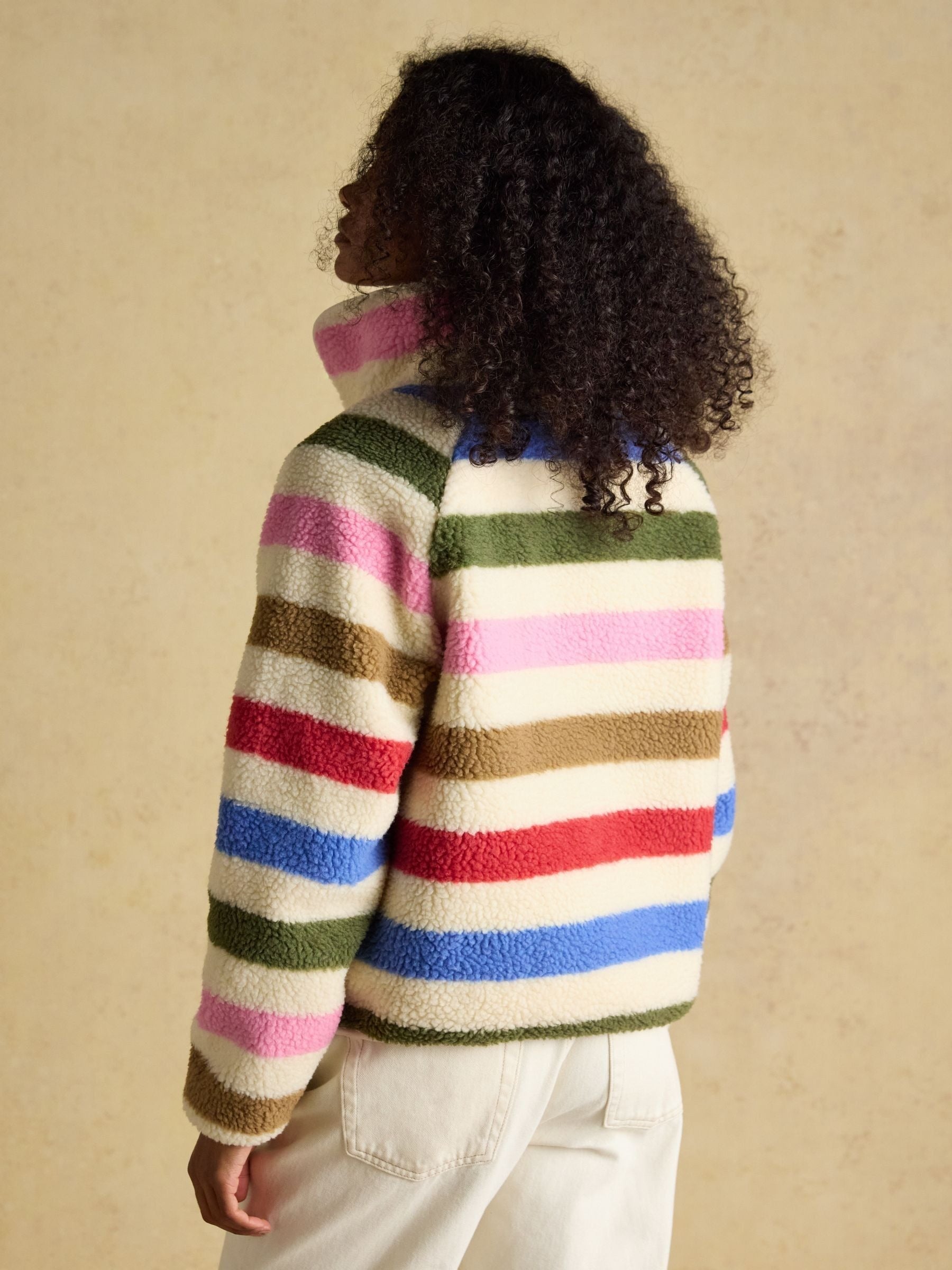 Cream Multi Bright Striped Borg Fleece Jacket