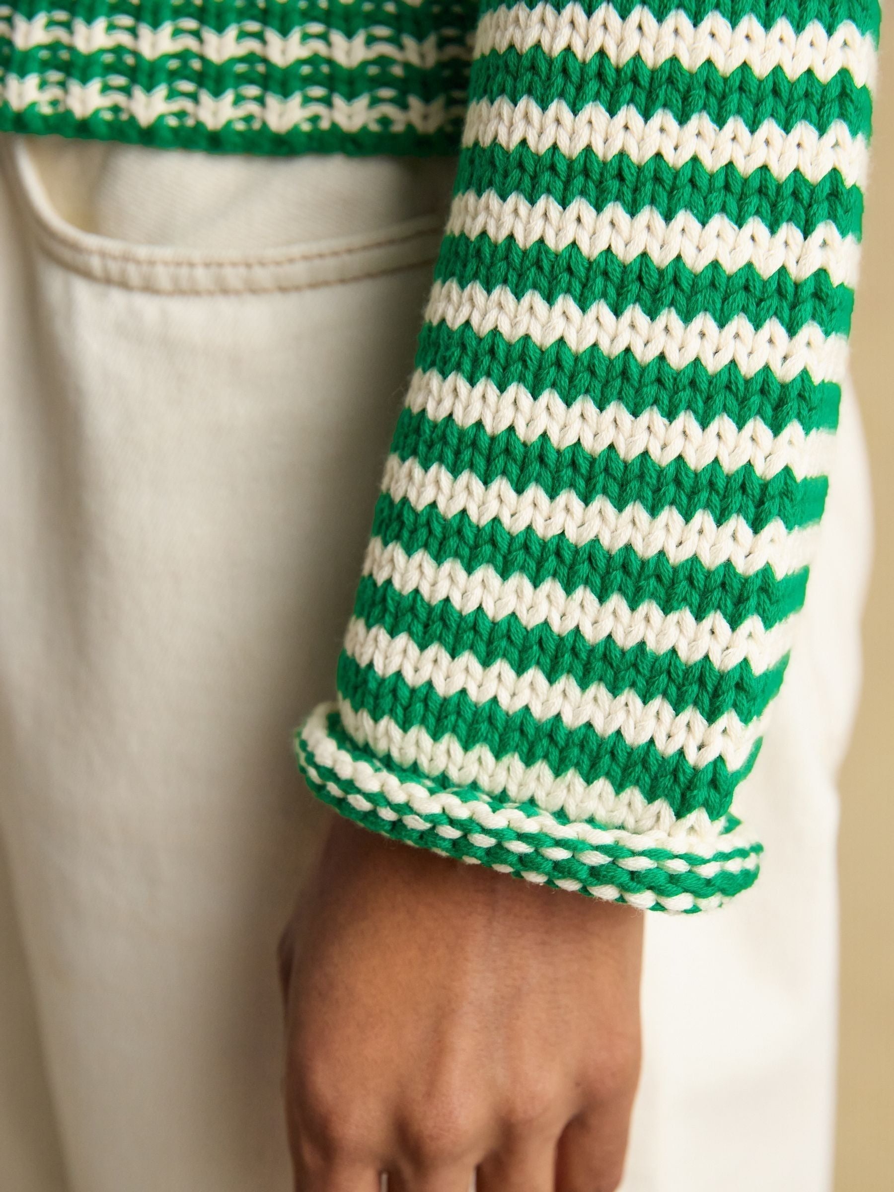 Green & White Striped Cotton Crew Neck Jumper