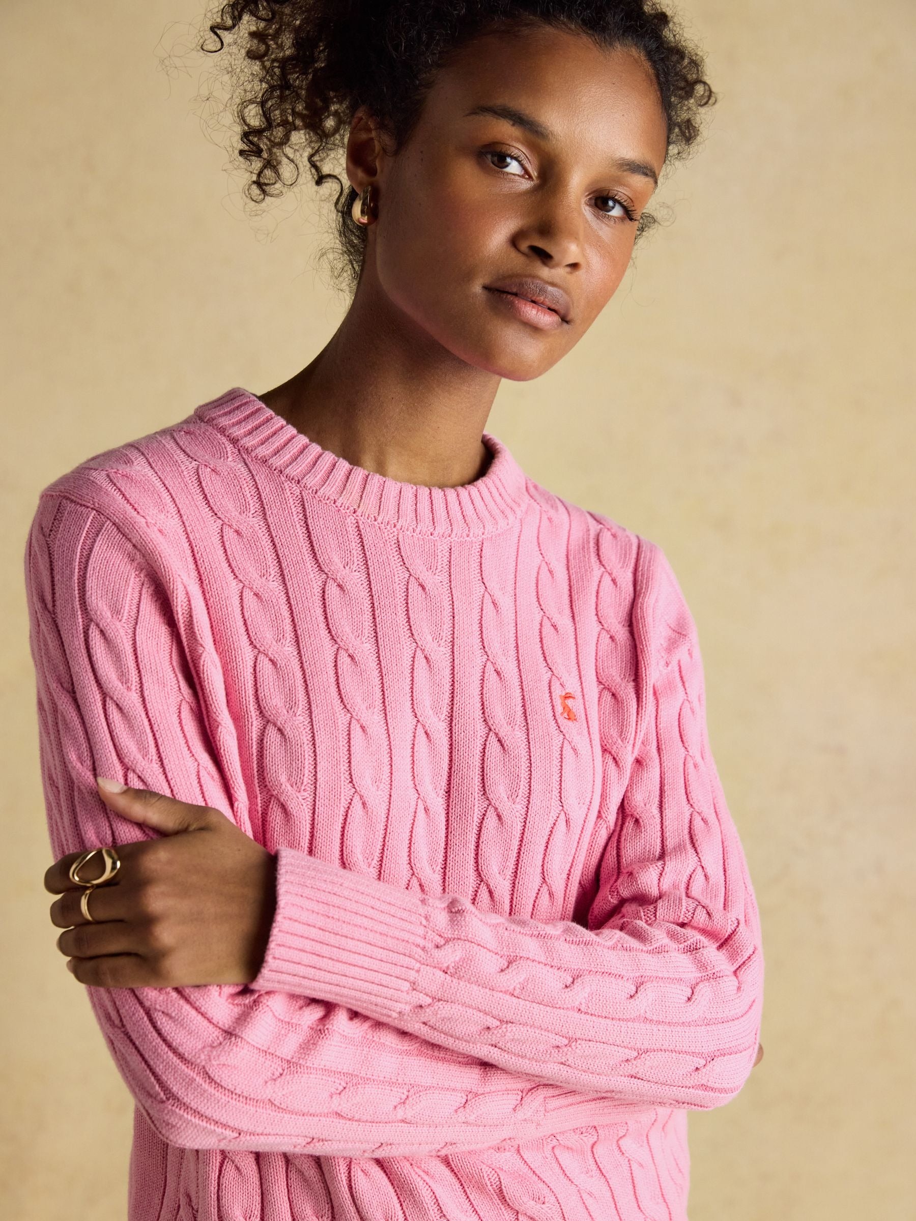 Pink Classic Crew Neck Cotton Cable Knit Jumper