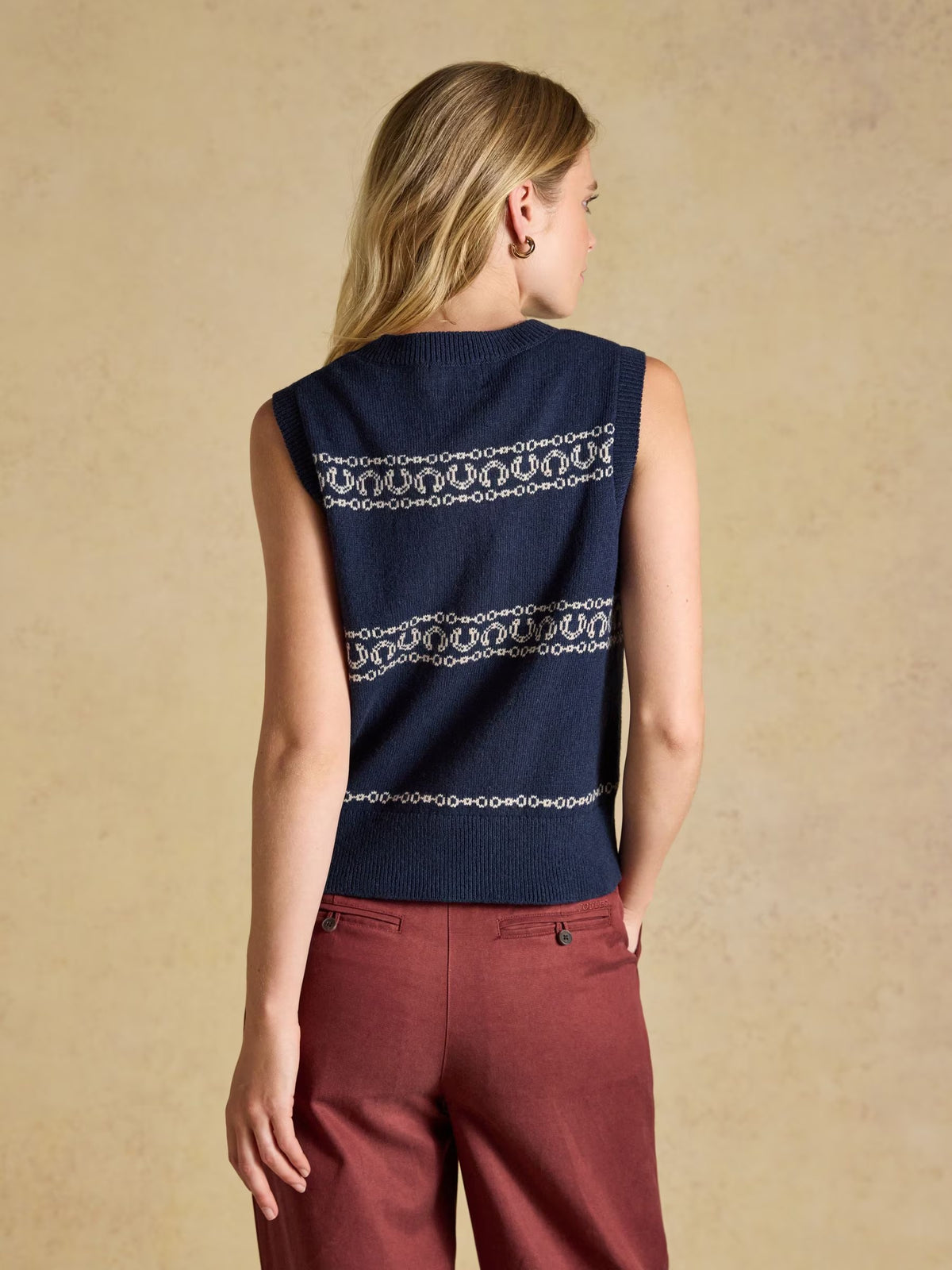 Horse Icon Navy Cotton Blend Crew Neck Knitted Vest